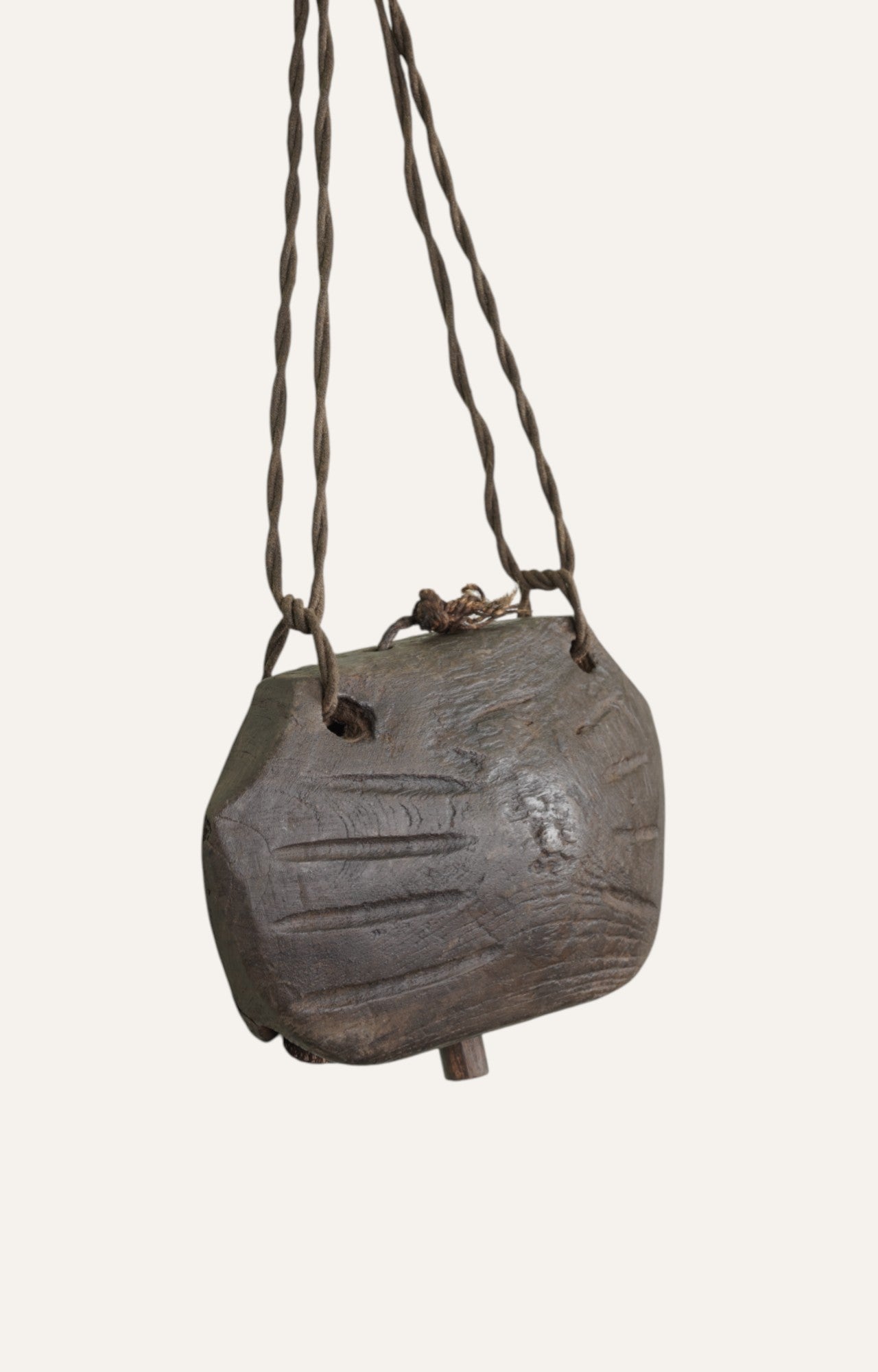 Rare Teak Wood Cowbell with Central Chime  - Wall Art