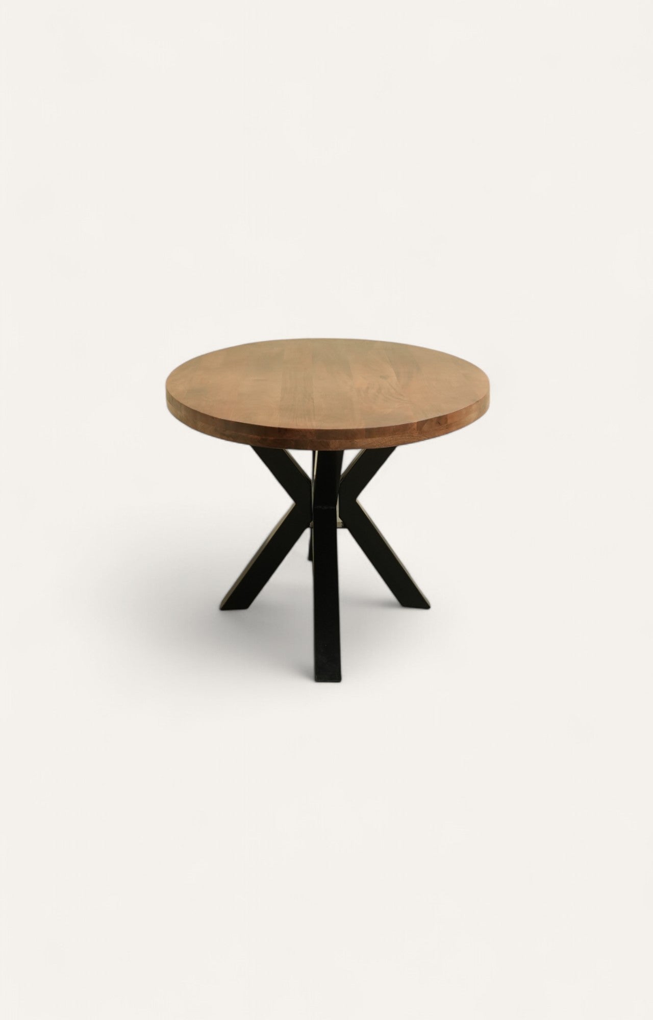 Walnut finish mango wood dining table with black cross iron legs