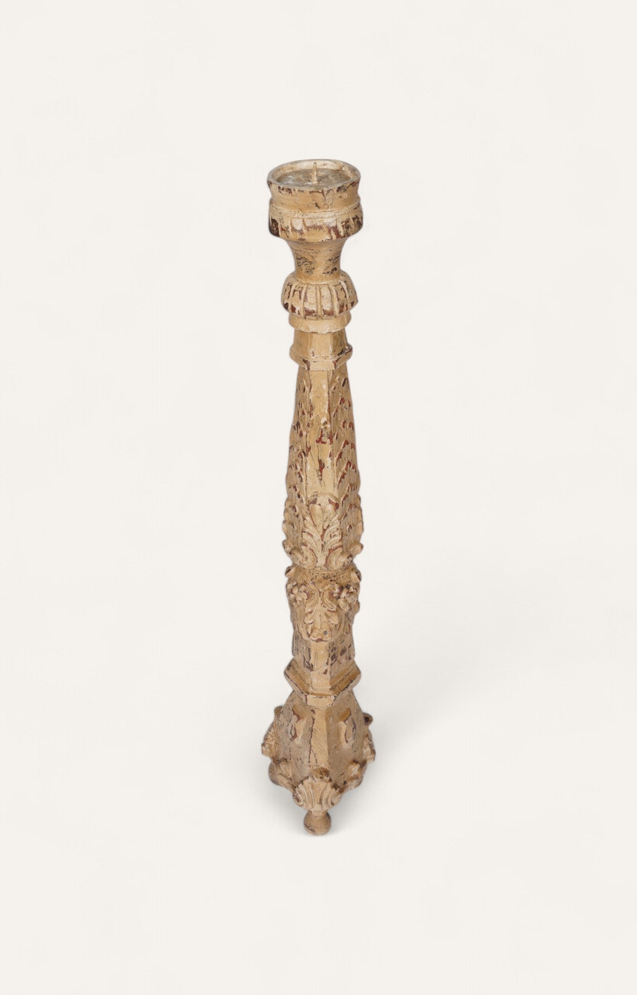 Hand-carved antique gold candle stand with classical flame and leaf design