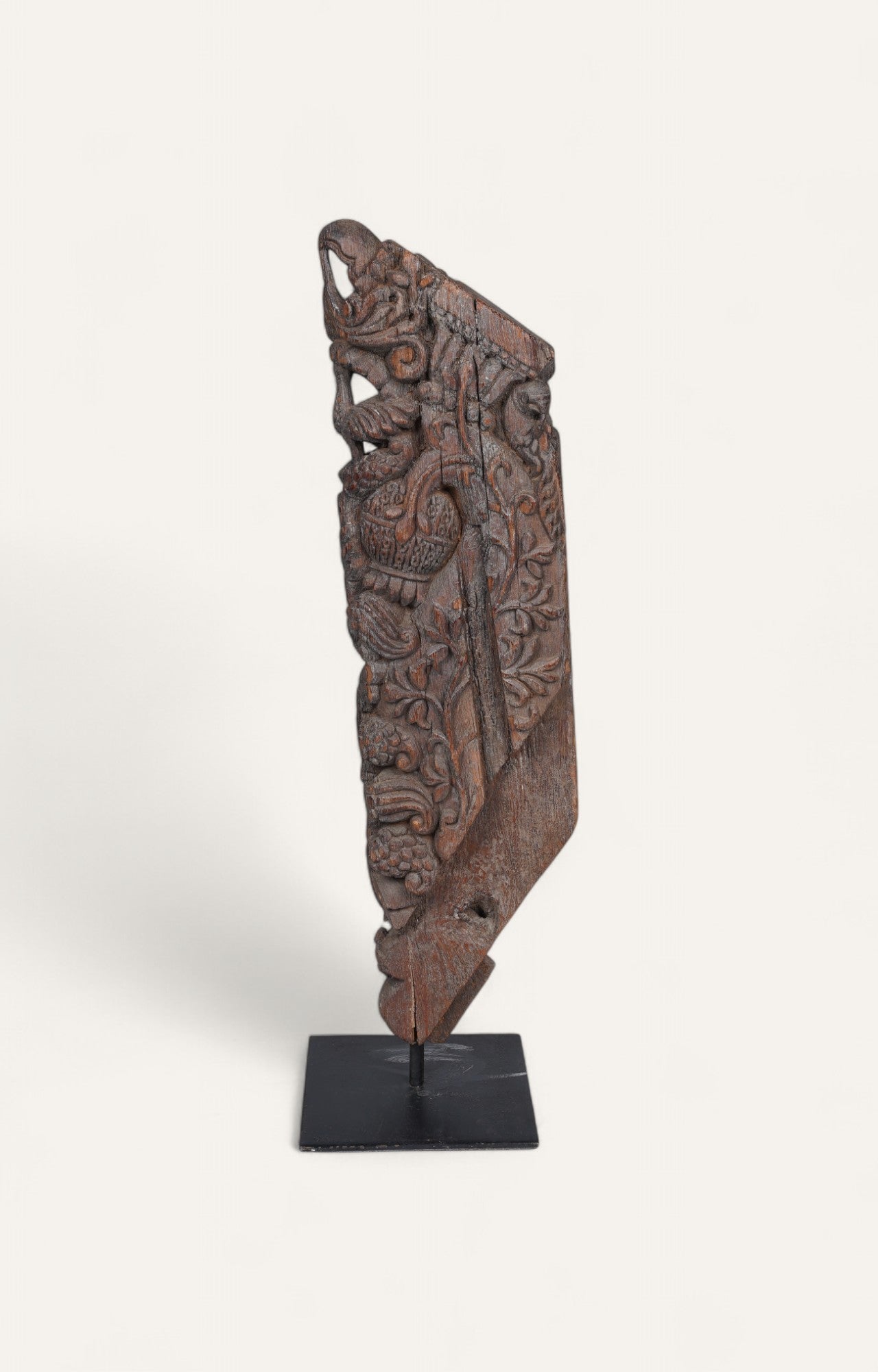 Hand-carved Teak Column Fragment with Iron Stand
