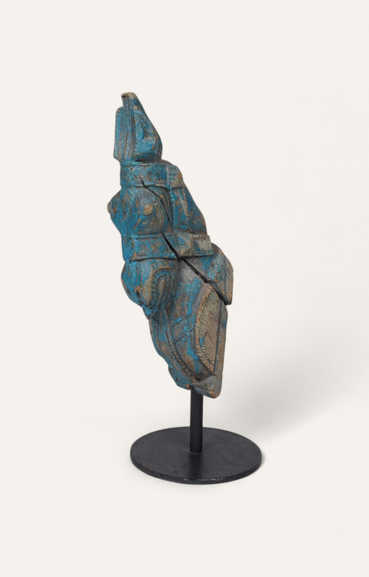 Teak horse head sculpture with patina paint, mounted on a black iron base