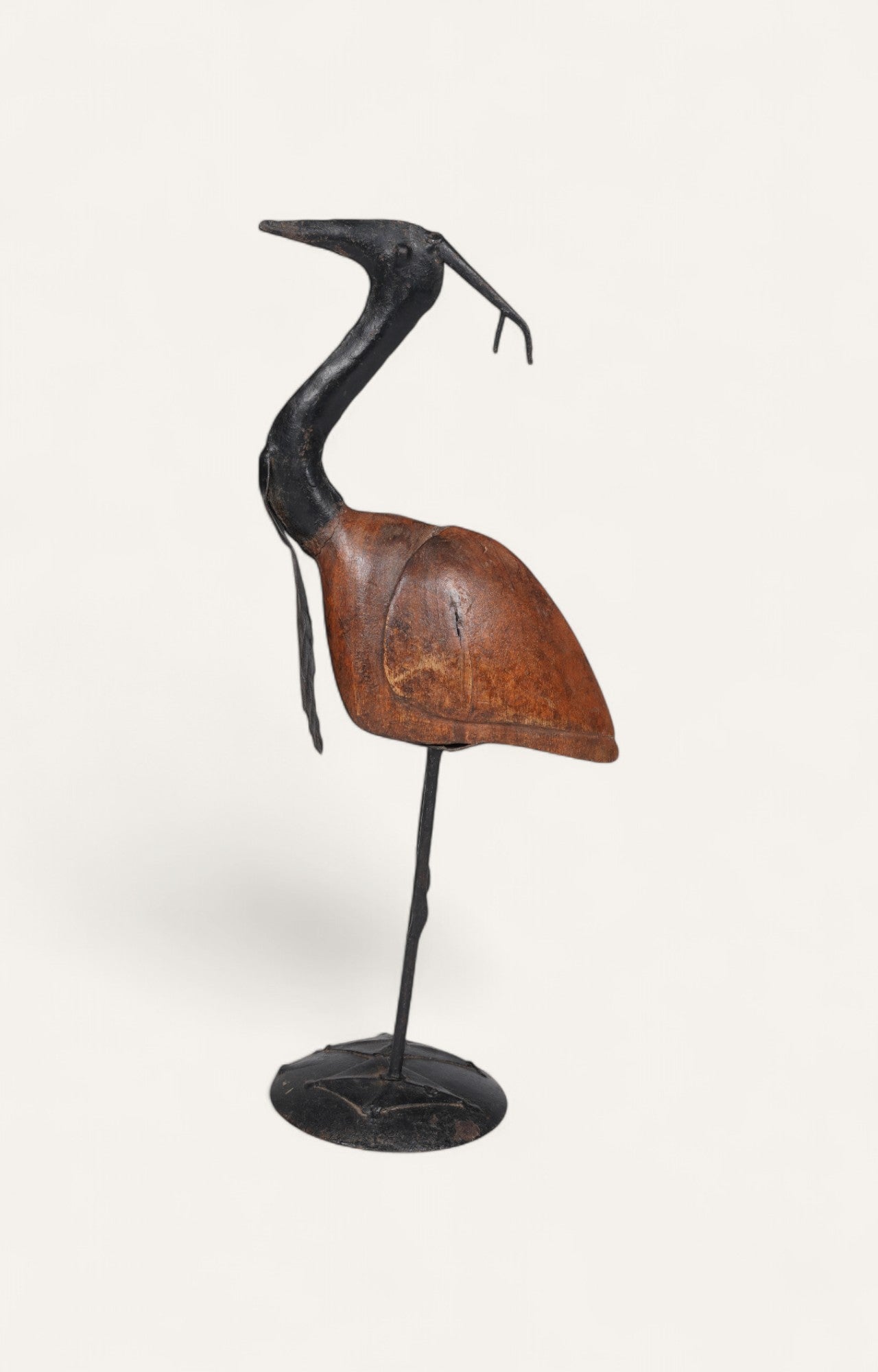 Crane Sculpture in Mixed Metal and Wood