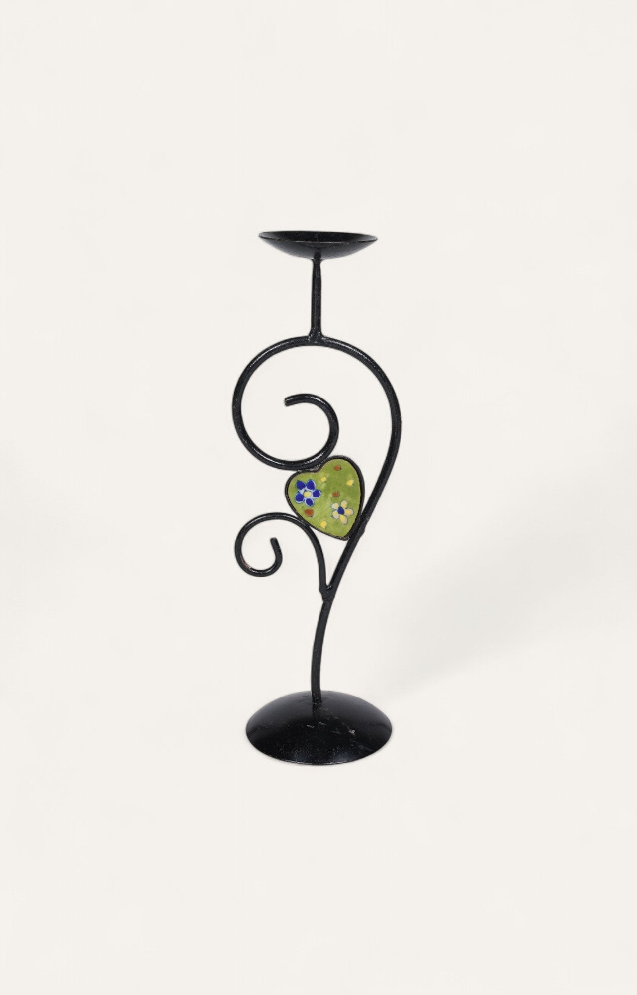 Curved Black Metal Candle Stand with Enamel Accent