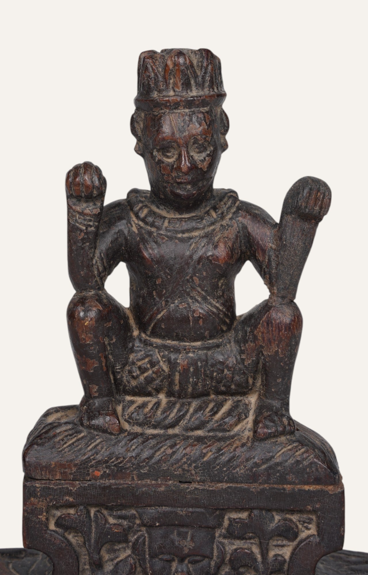 Vintage Seated Deity Folk Wooden Sculpture