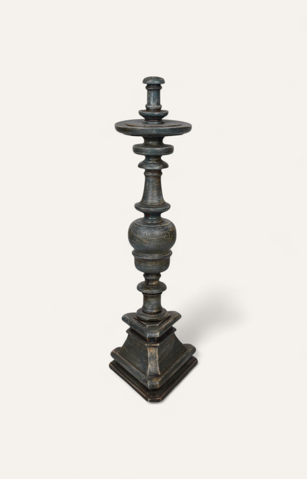 Temple Turned Teak Floor Candle Stand in Rustic Black