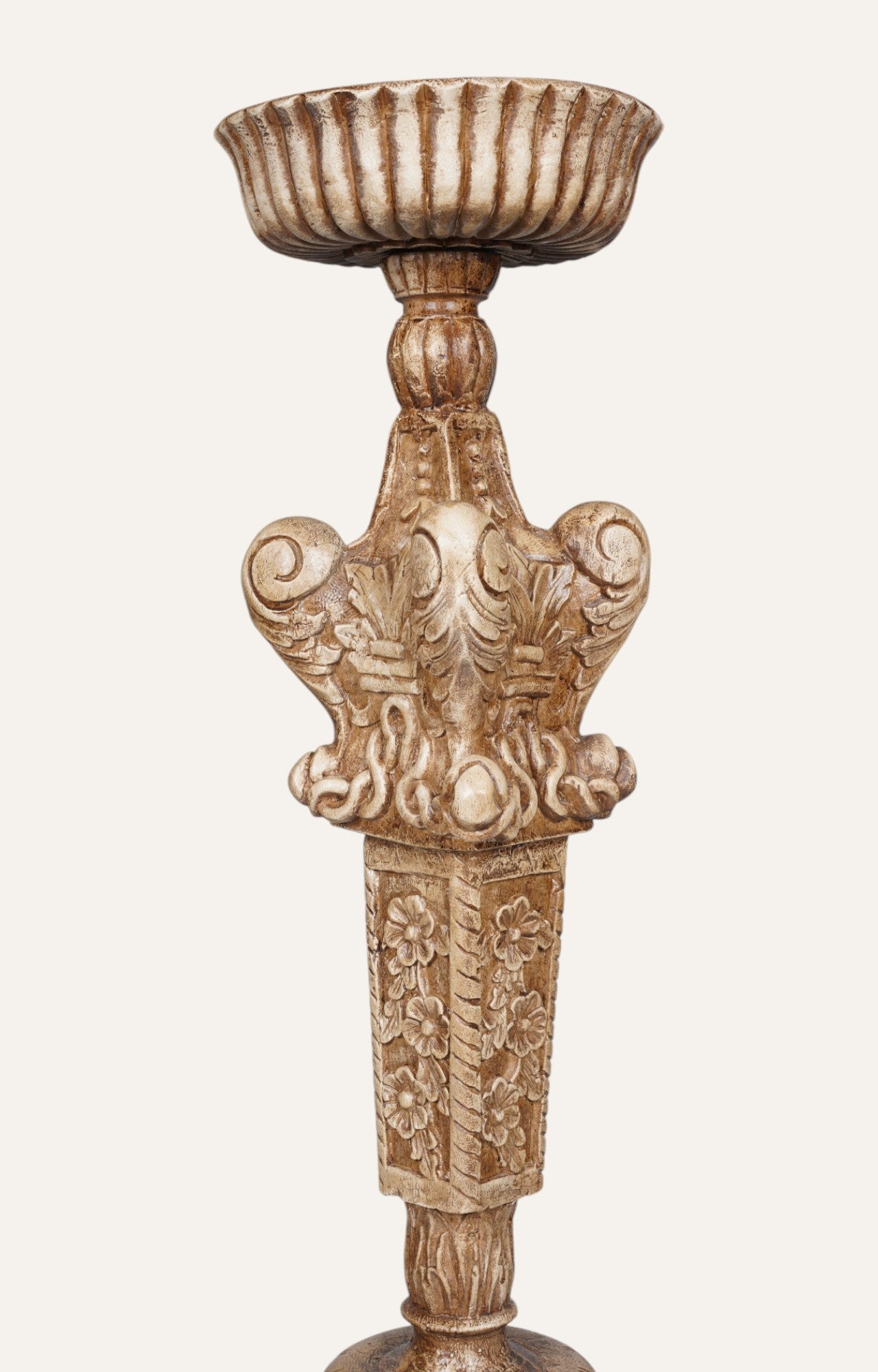 Vintage Baroque Scroll Teak Candle Stand