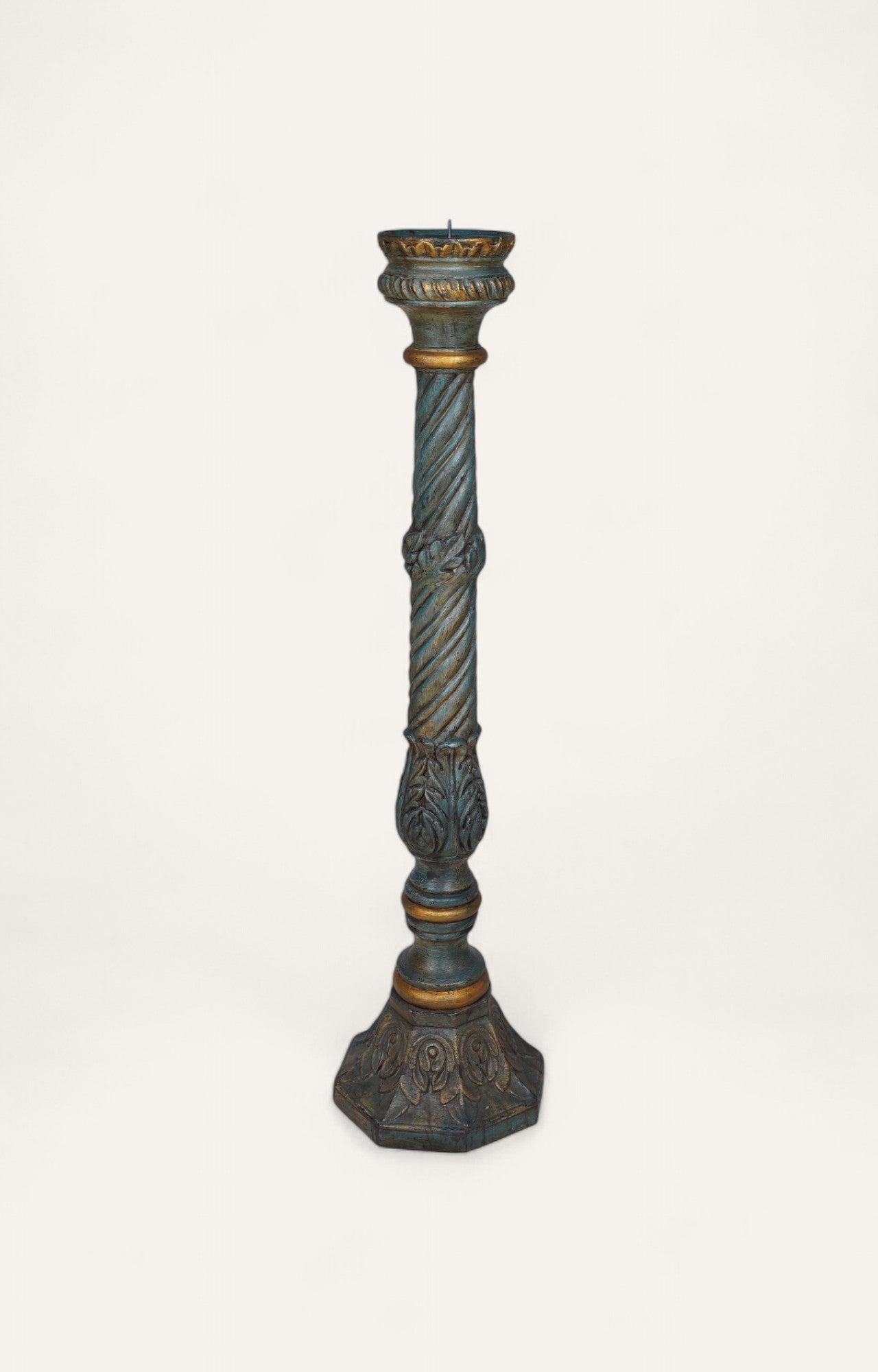 Verdigris Temple Pillar Wood Candle Stand