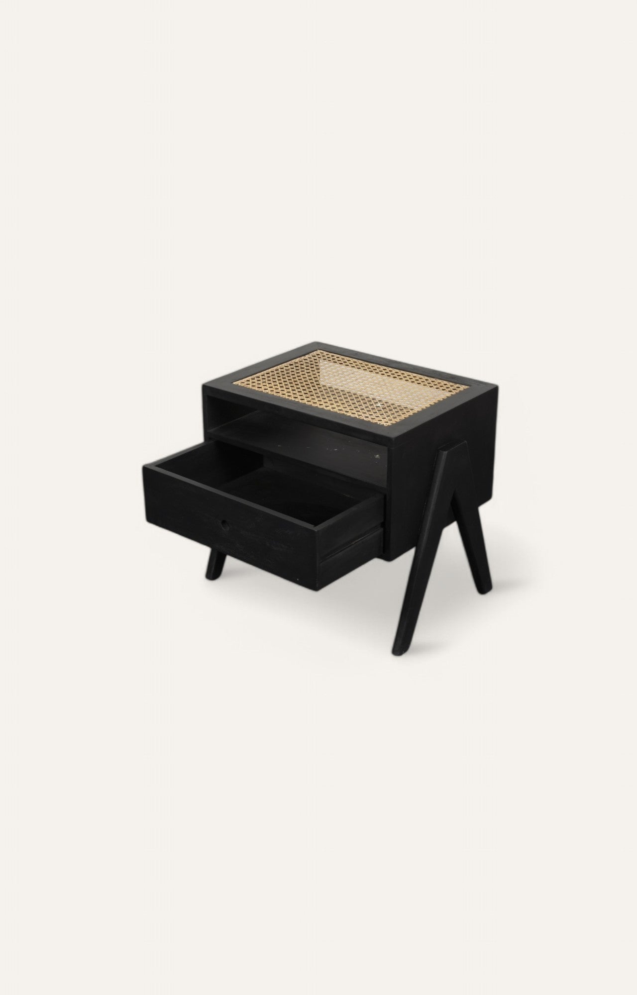 Mignight Black Cane-Weave Top Wooden Bedside Table with Drawer