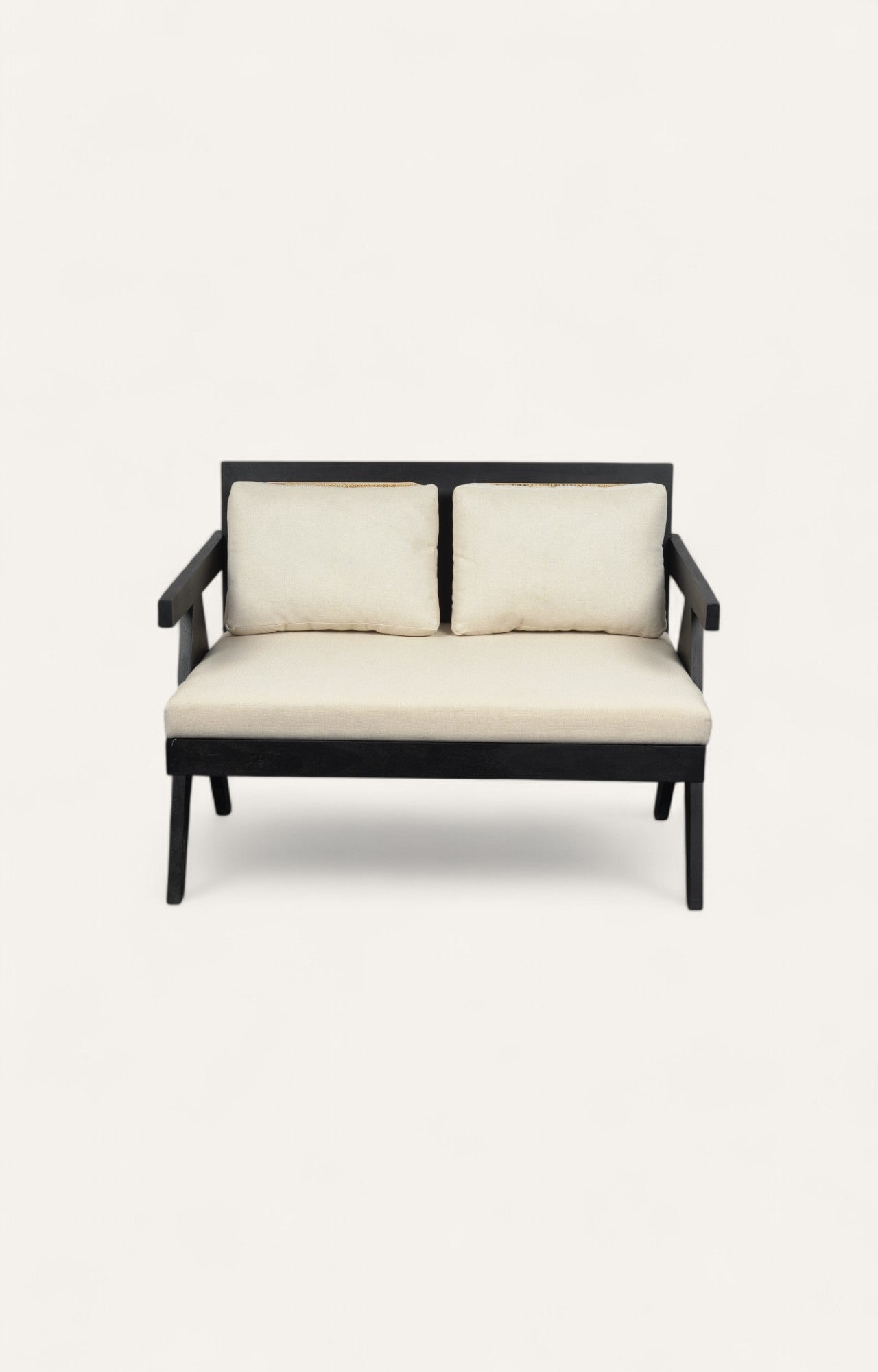 Modern Black Acacia Bench with Cane & Linen