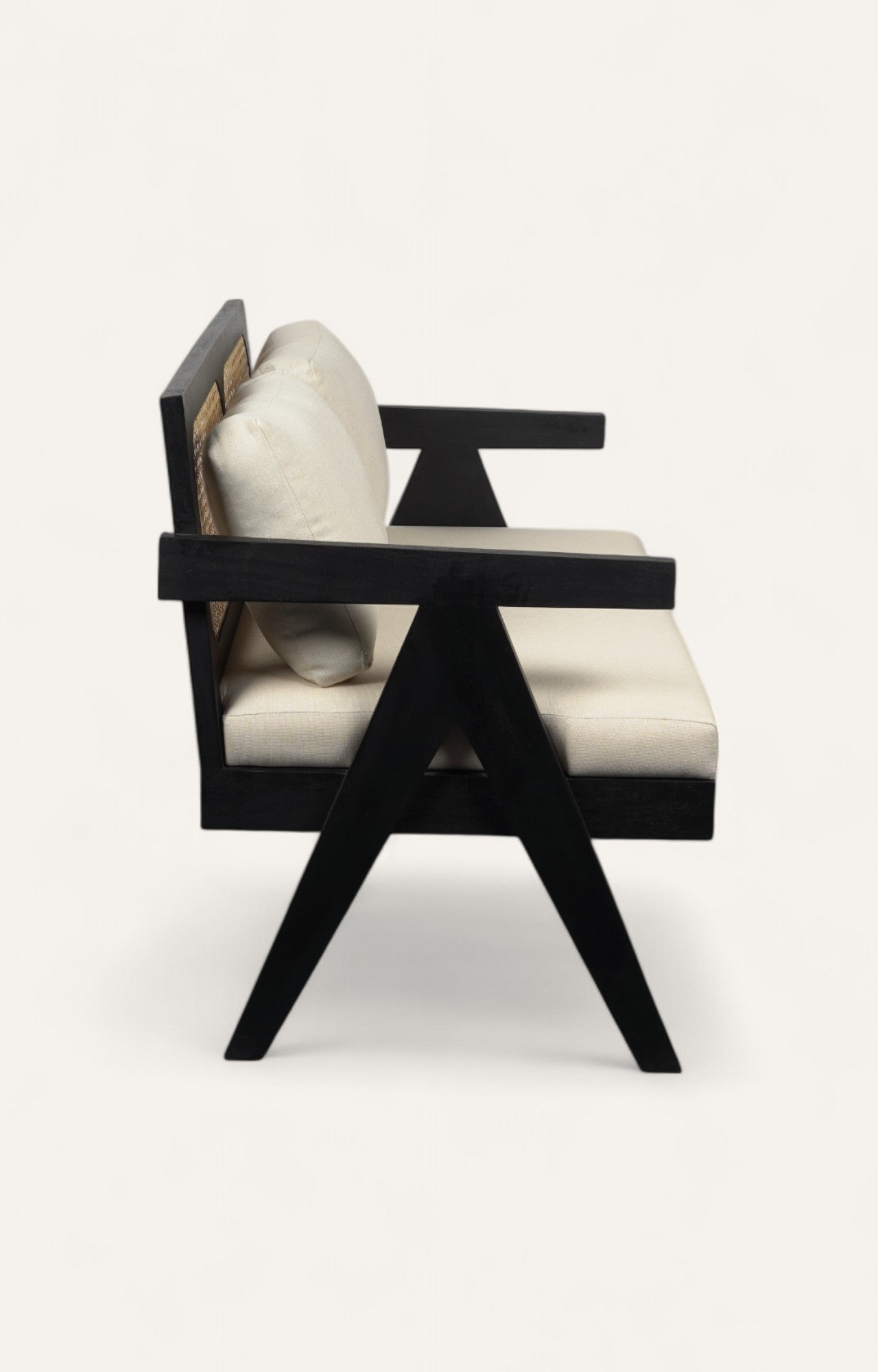 Modern Black Acacia Bench with Cane & Linen