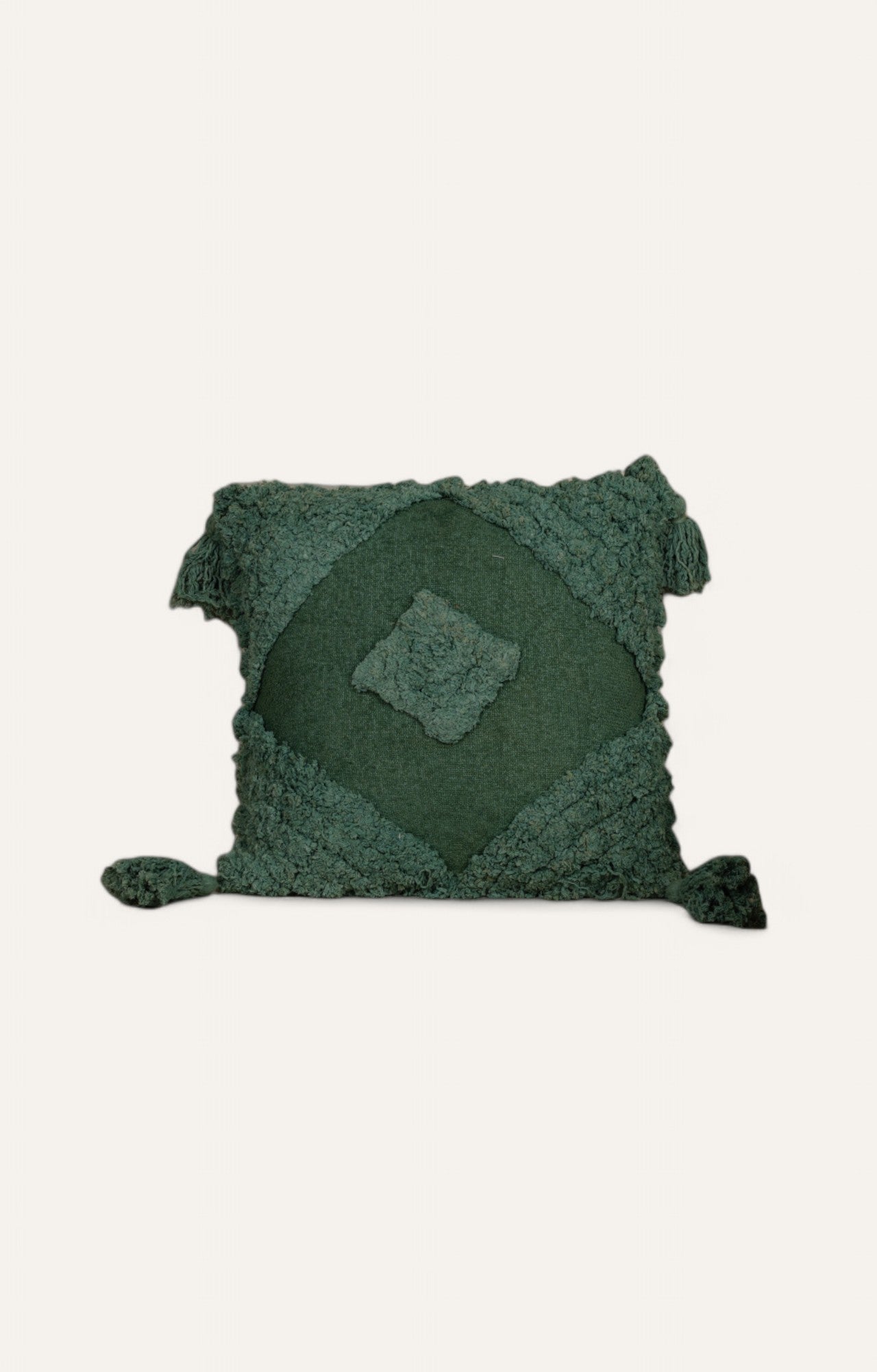 Green Tufted Cushion with Tassel Detailing