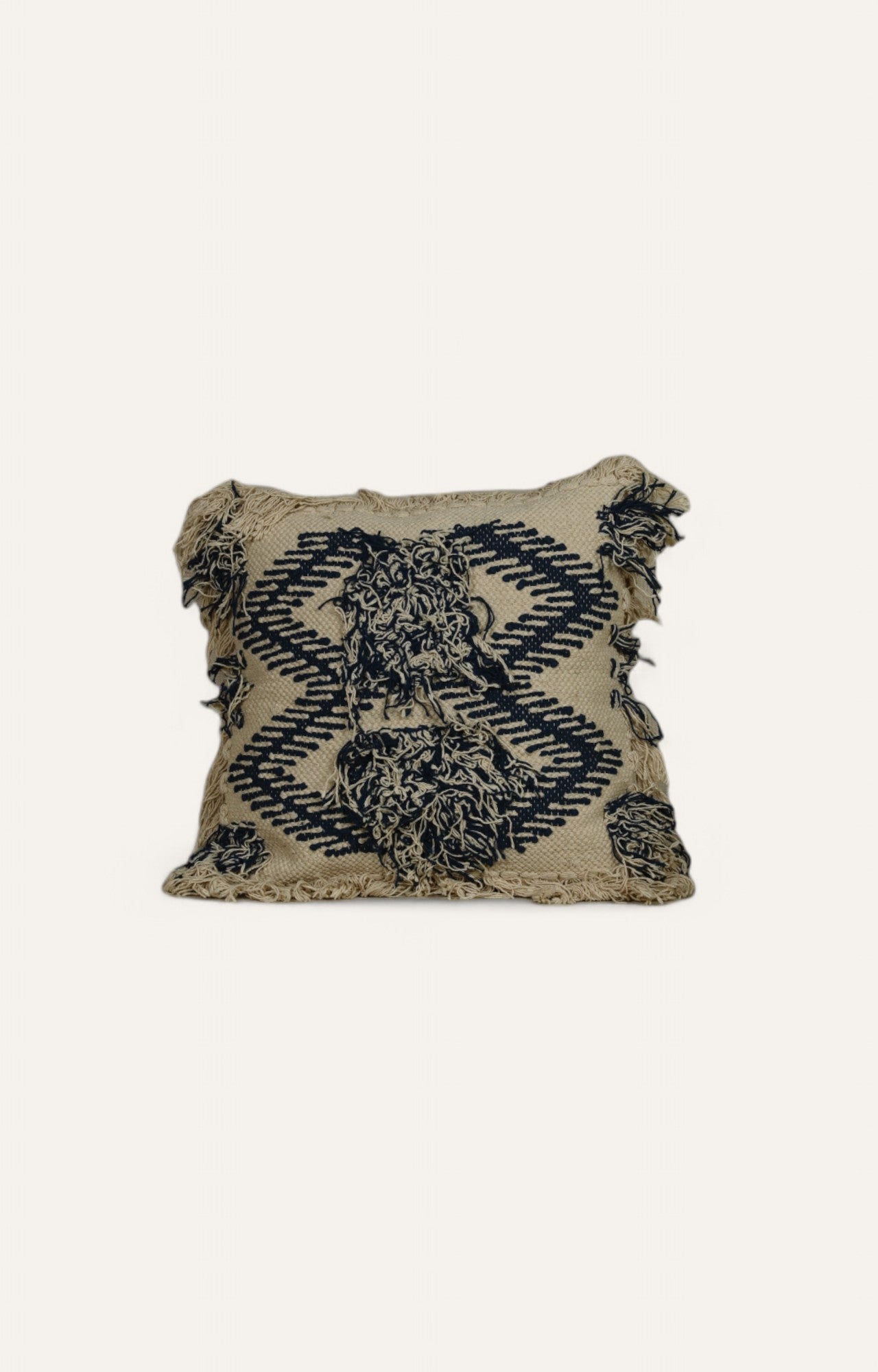 Beige and White Rectangular Cotton Tassel Pillow