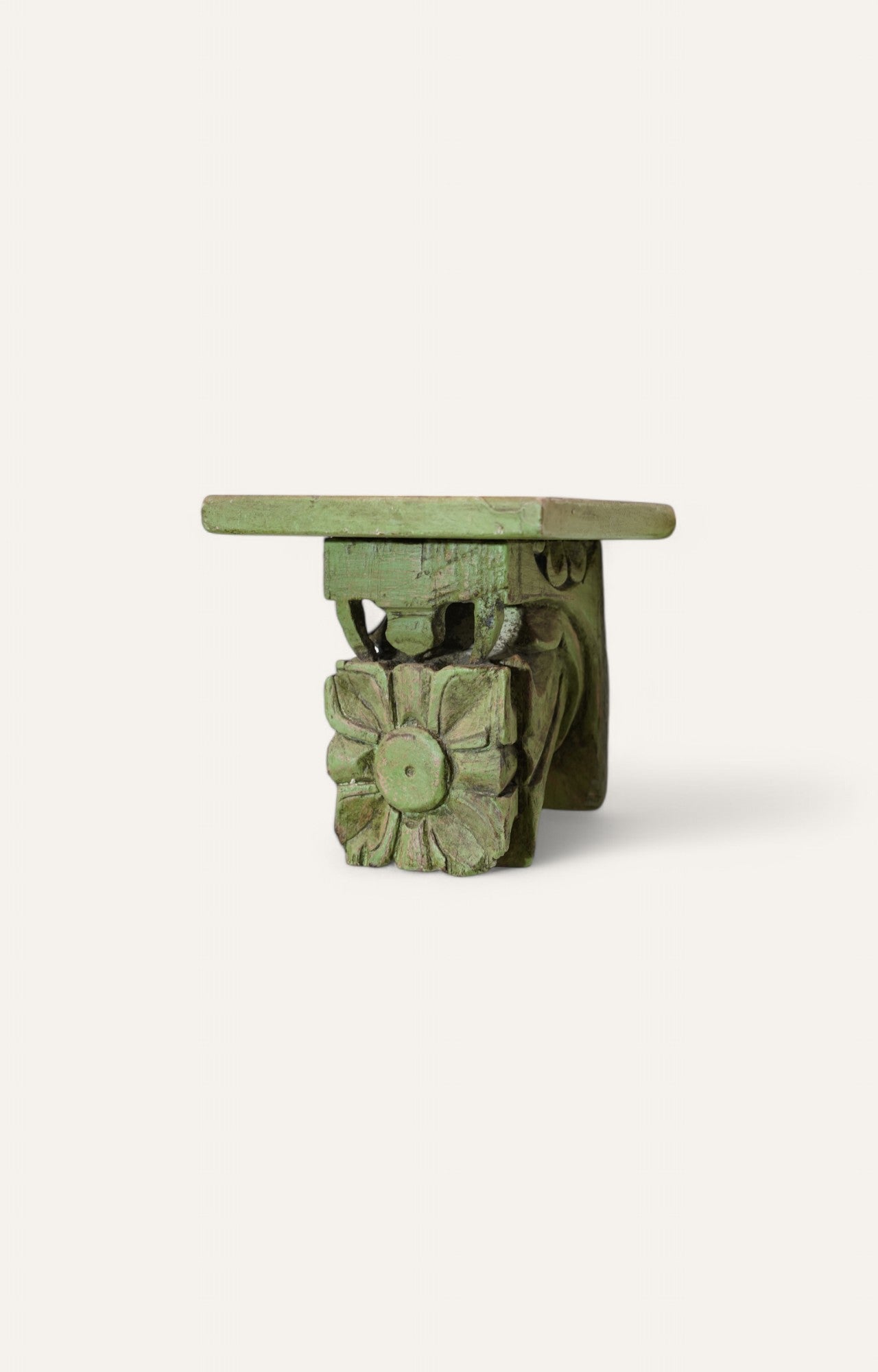 Hand-Carved Wooden Bracket in Distressed Green