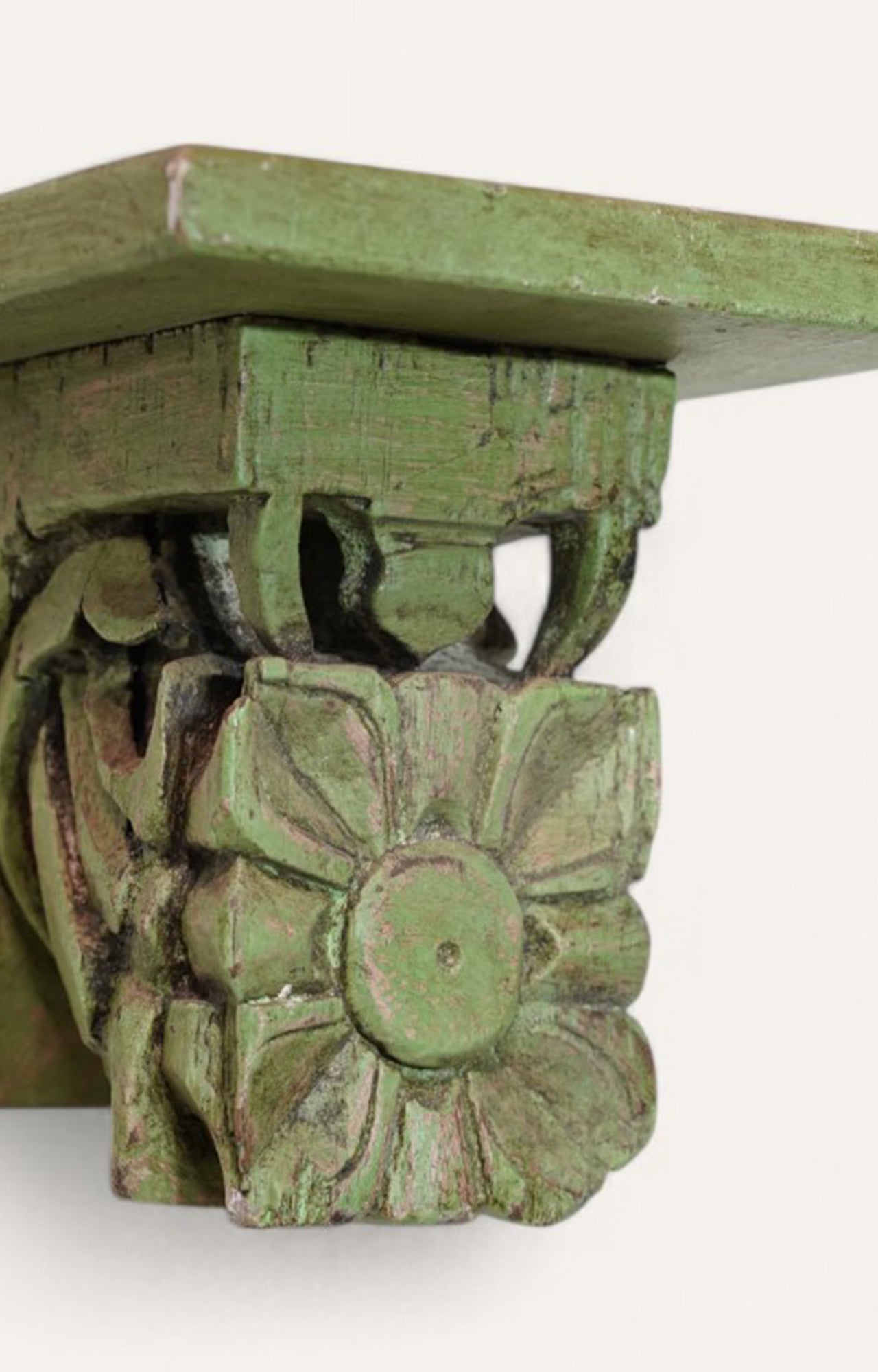 Hand-Carved Wooden Bracket in Distressed Green