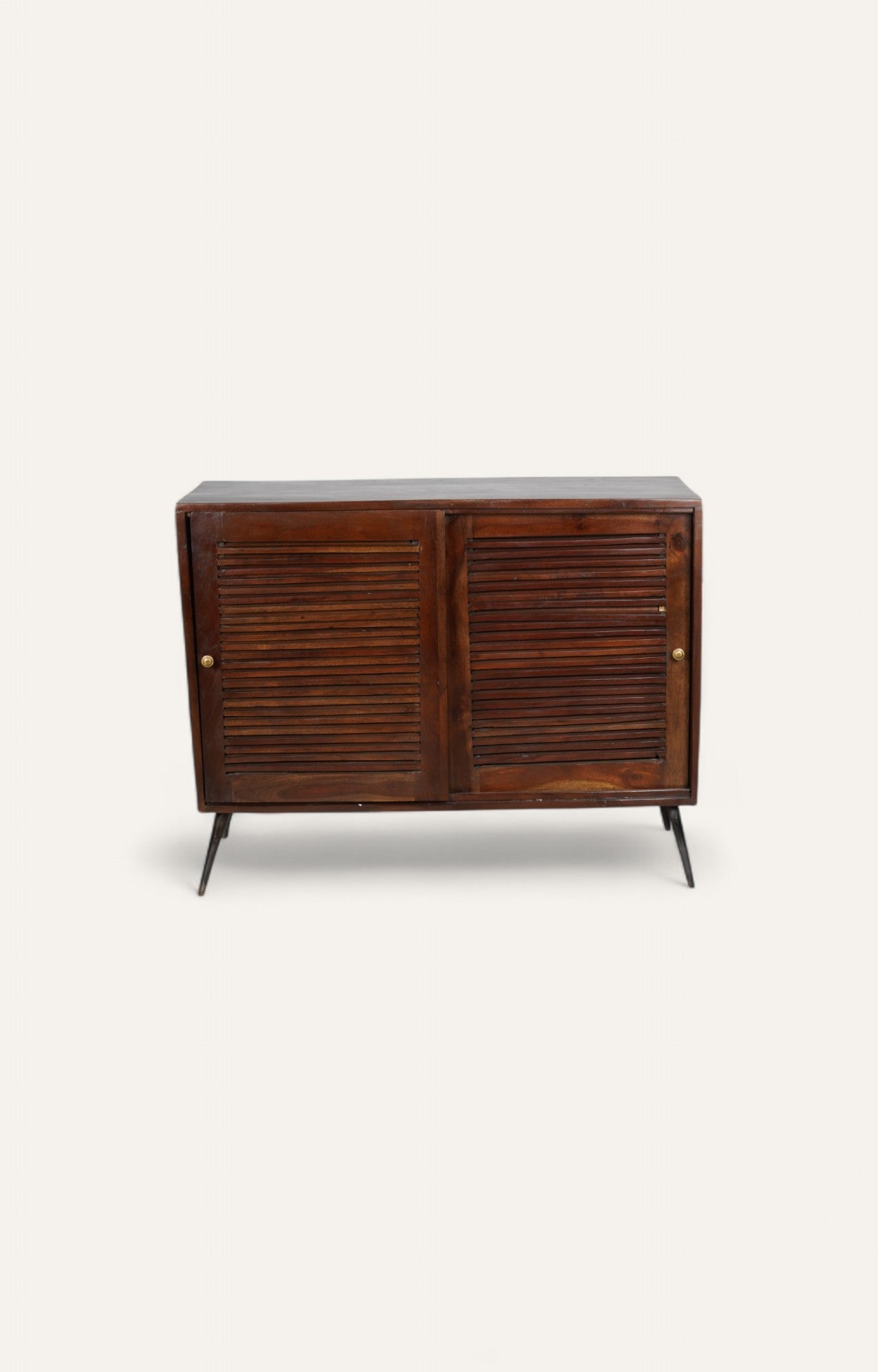 Mid-Century Slatted Walnut Cabinet with Brass Accents