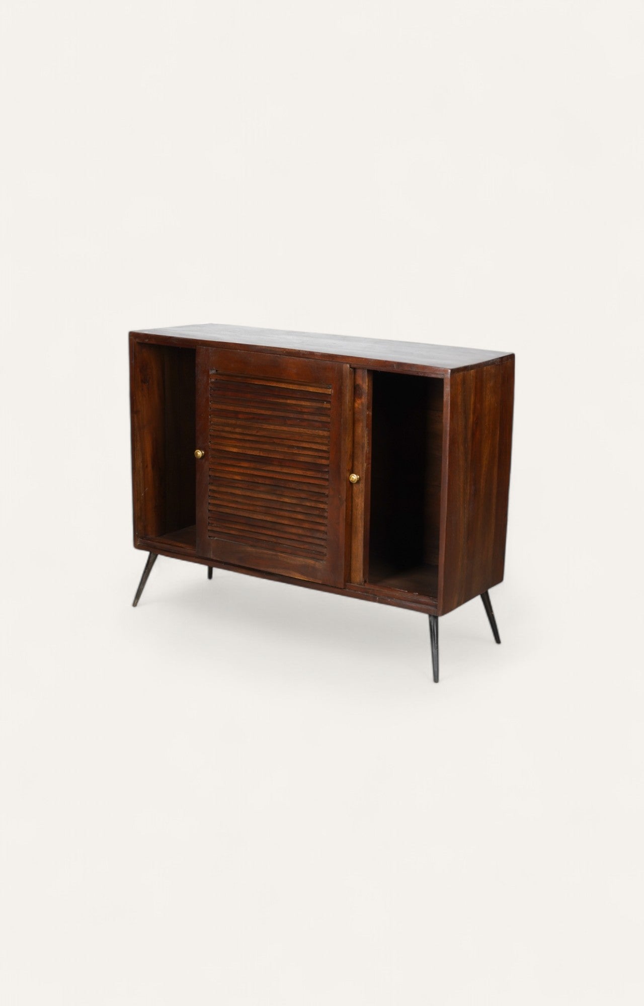 Mid-Century Slatted Walnut Cabinet with Brass Accents