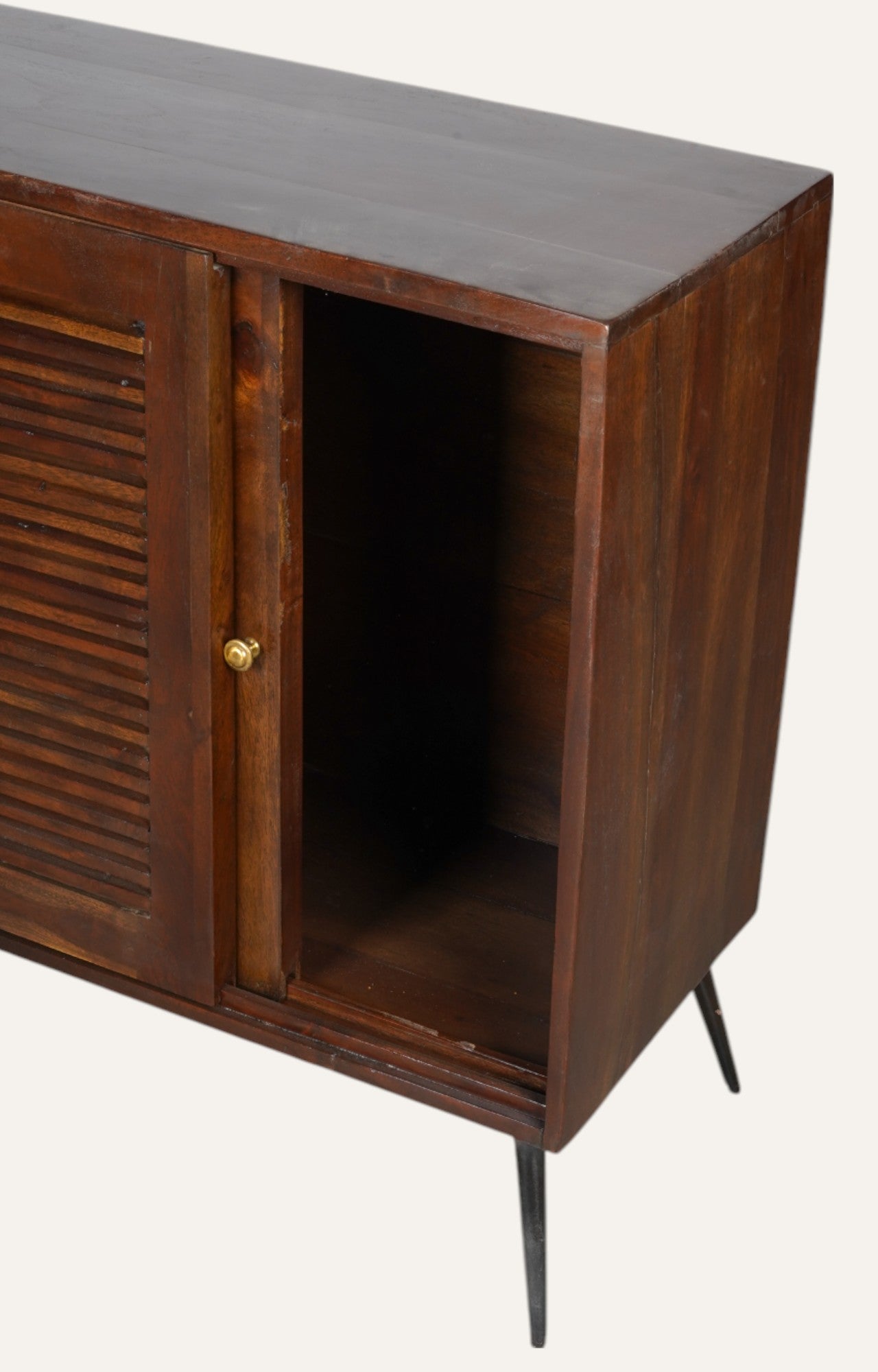 Mid-Century Slatted Walnut Cabinet with Brass Accents