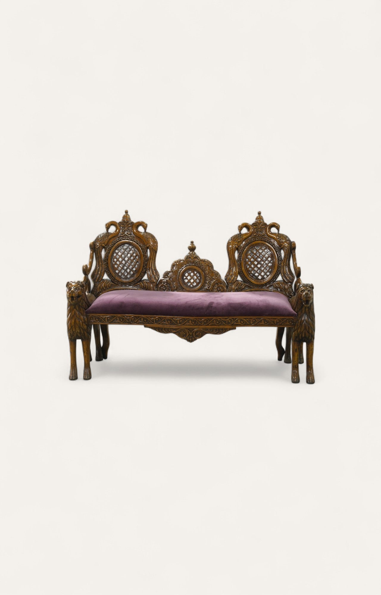 Lion Motif Teak Wood Bench with Velvet Seat