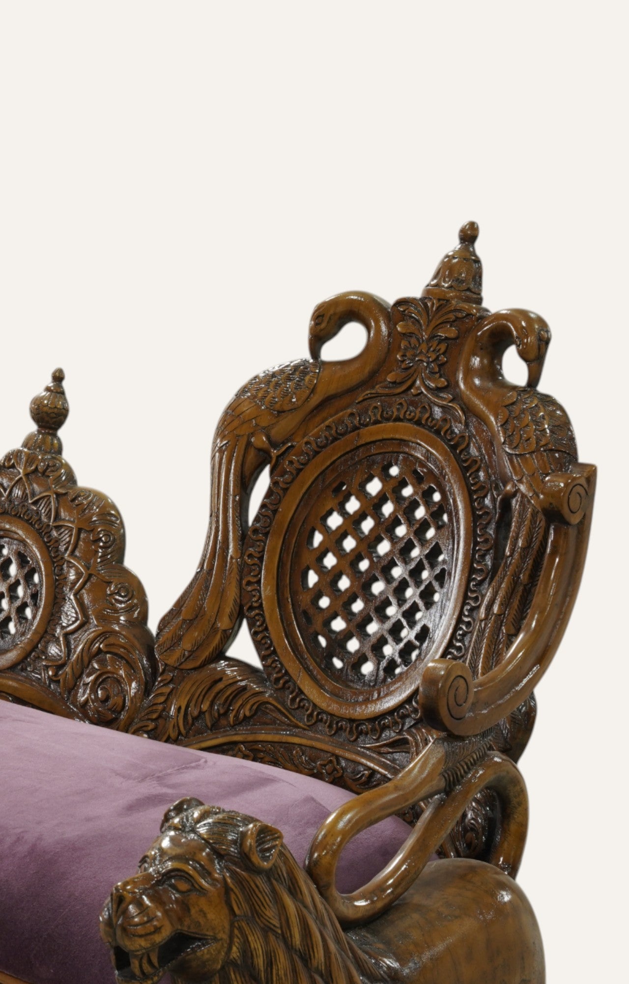 Lion Motif Teak Wood Bench with Velvet Seat