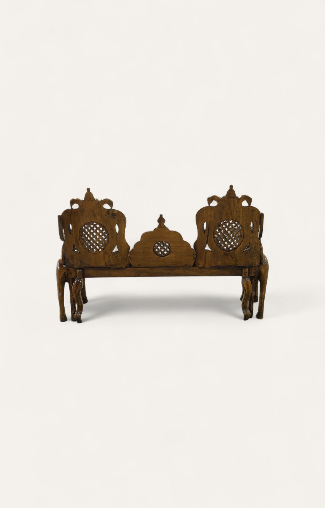 Lion Motif Teak Wood Bench with Velvet Seat