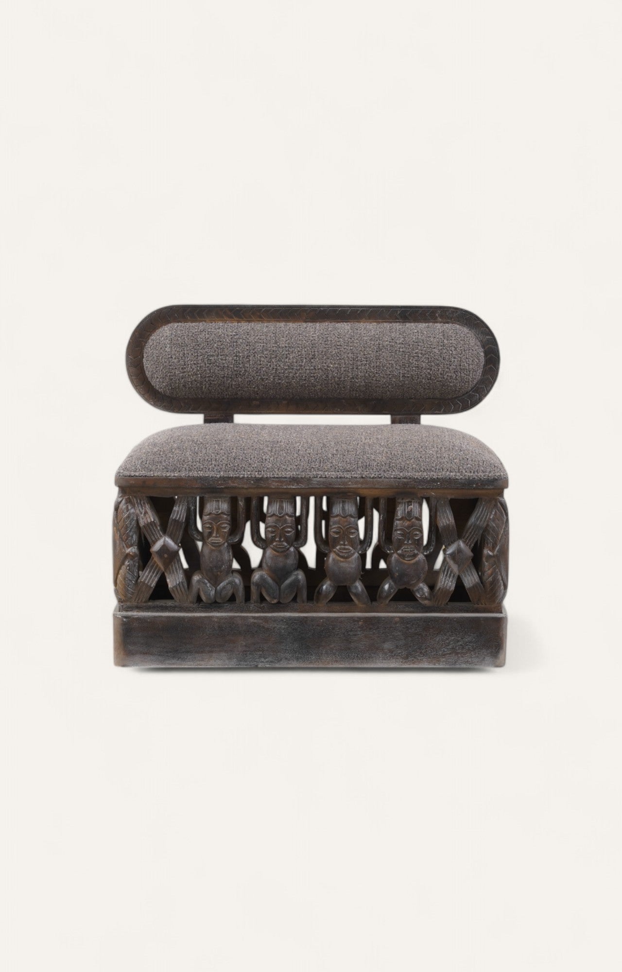 Tribal Carved Wooden Sofa Boucle Upholstery