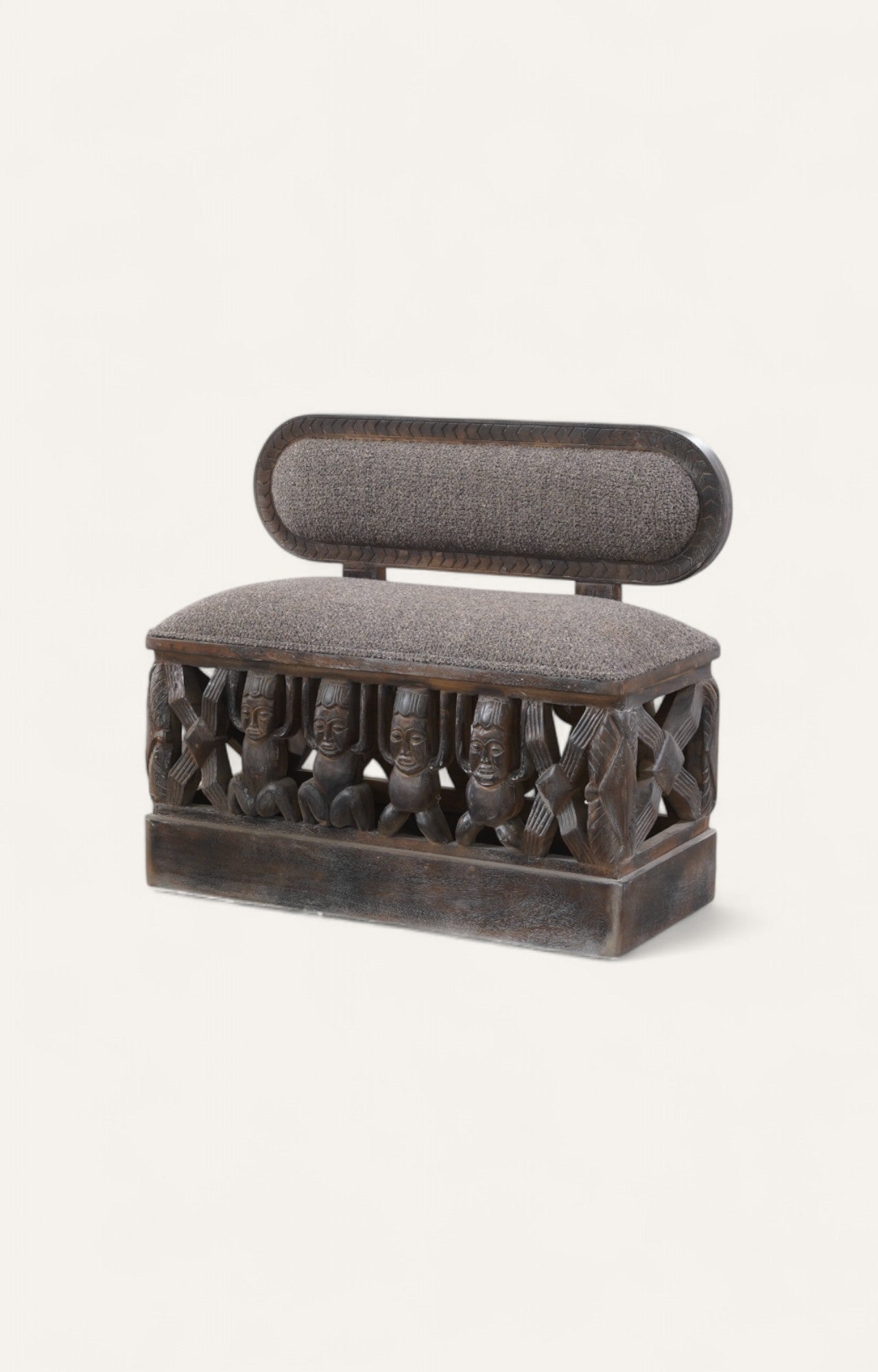Tribal Carved Wooden Sofa Boucle Upholstery
