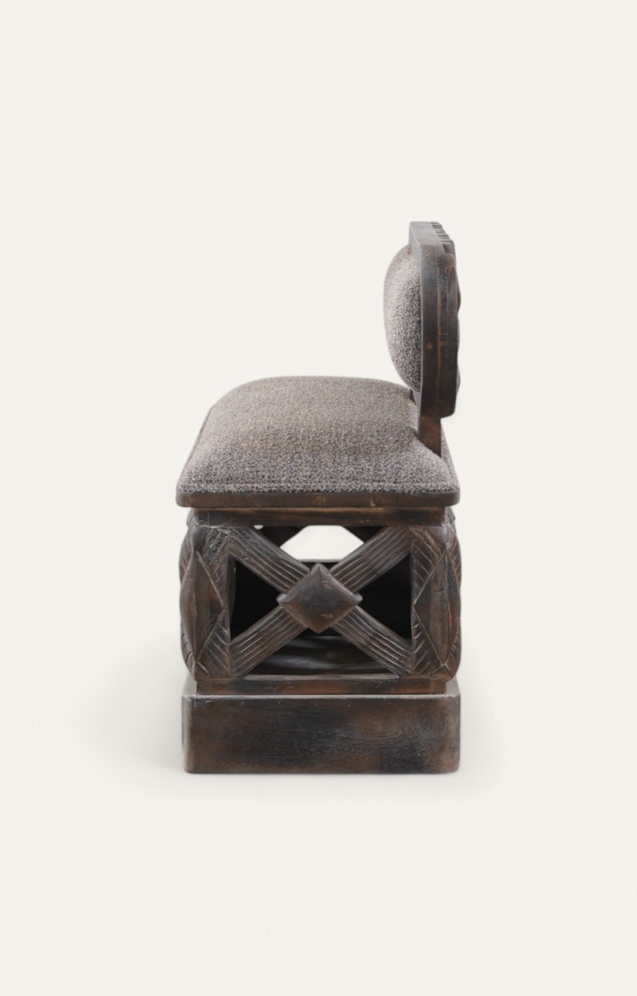 Tribal Carved Wooden Sofa Boucle Upholstery