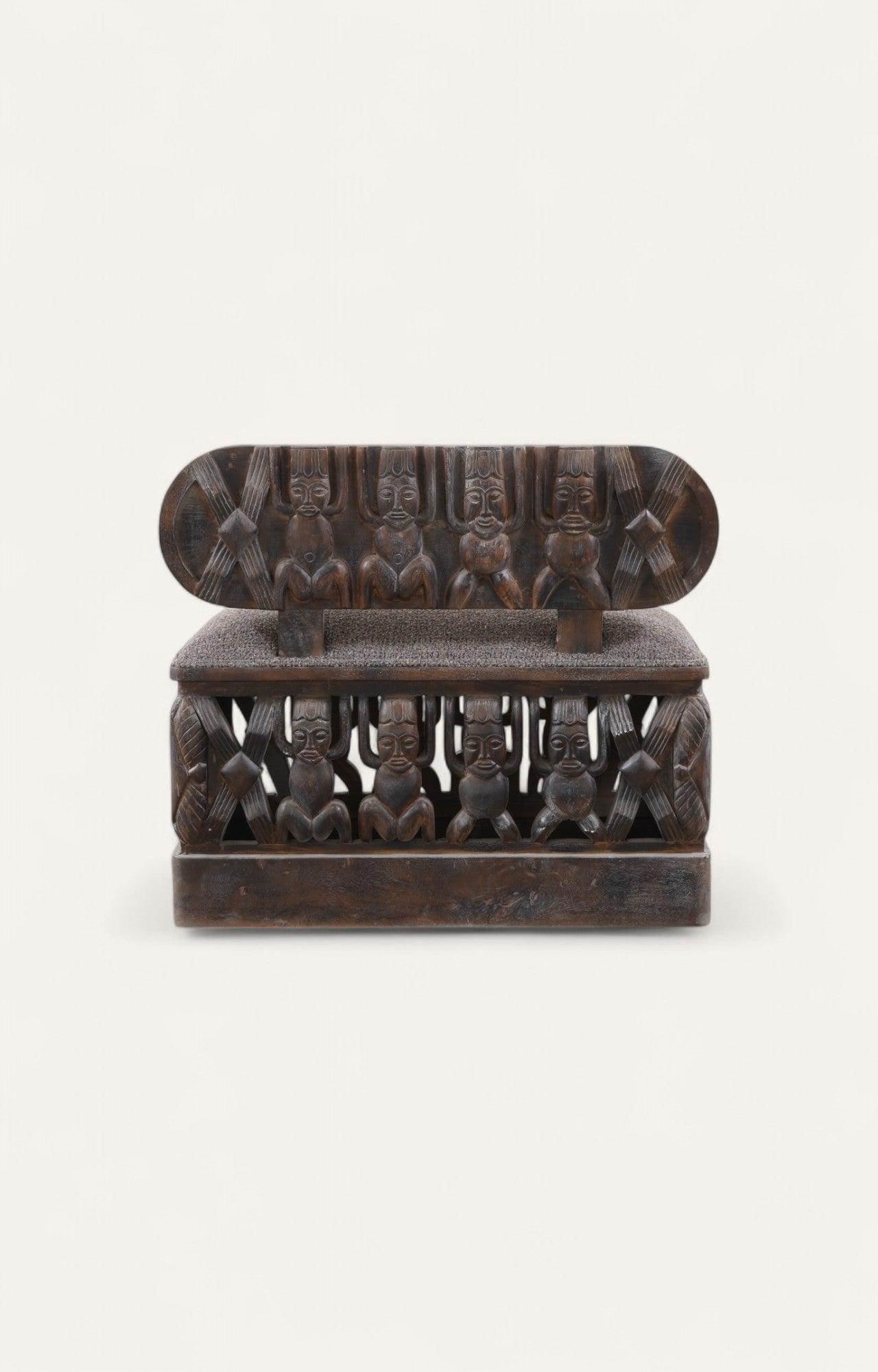 Tribal Carved Wooden Sofa Boucle Upholstery