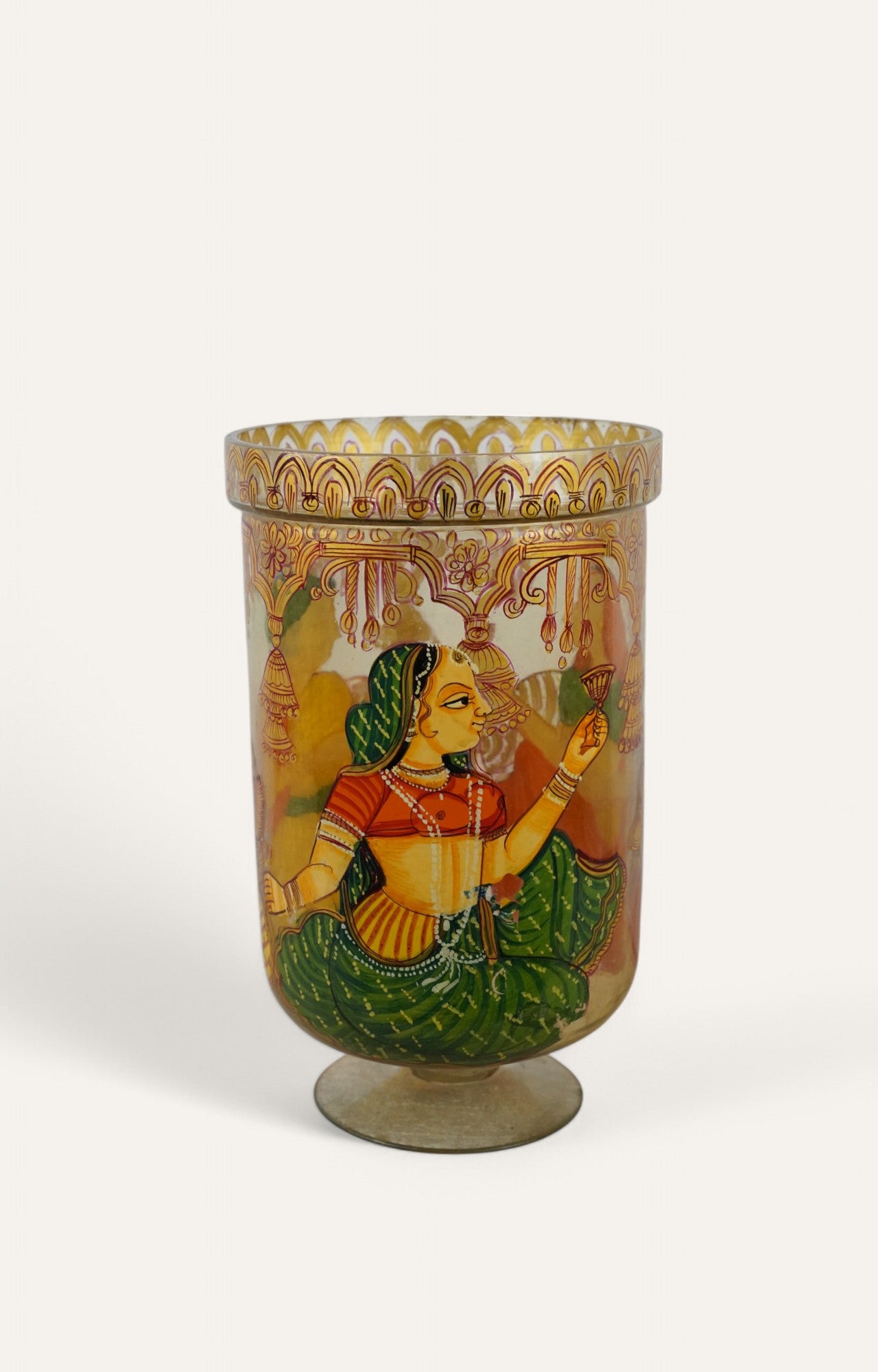 Mughal colorful Hand-Painted GlassGlass Jar/ Candle holder