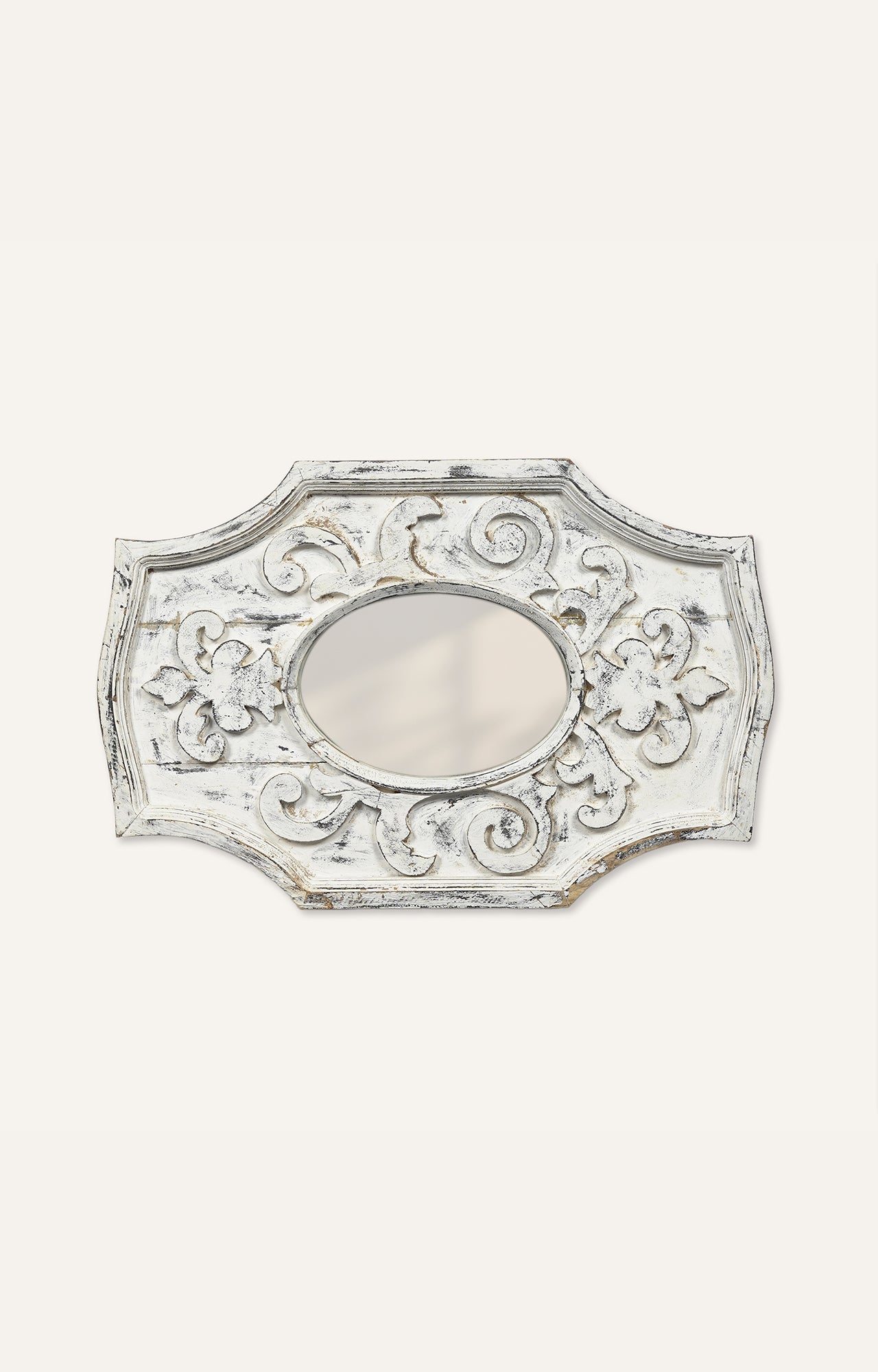 White distressed carved edges wooden mirror