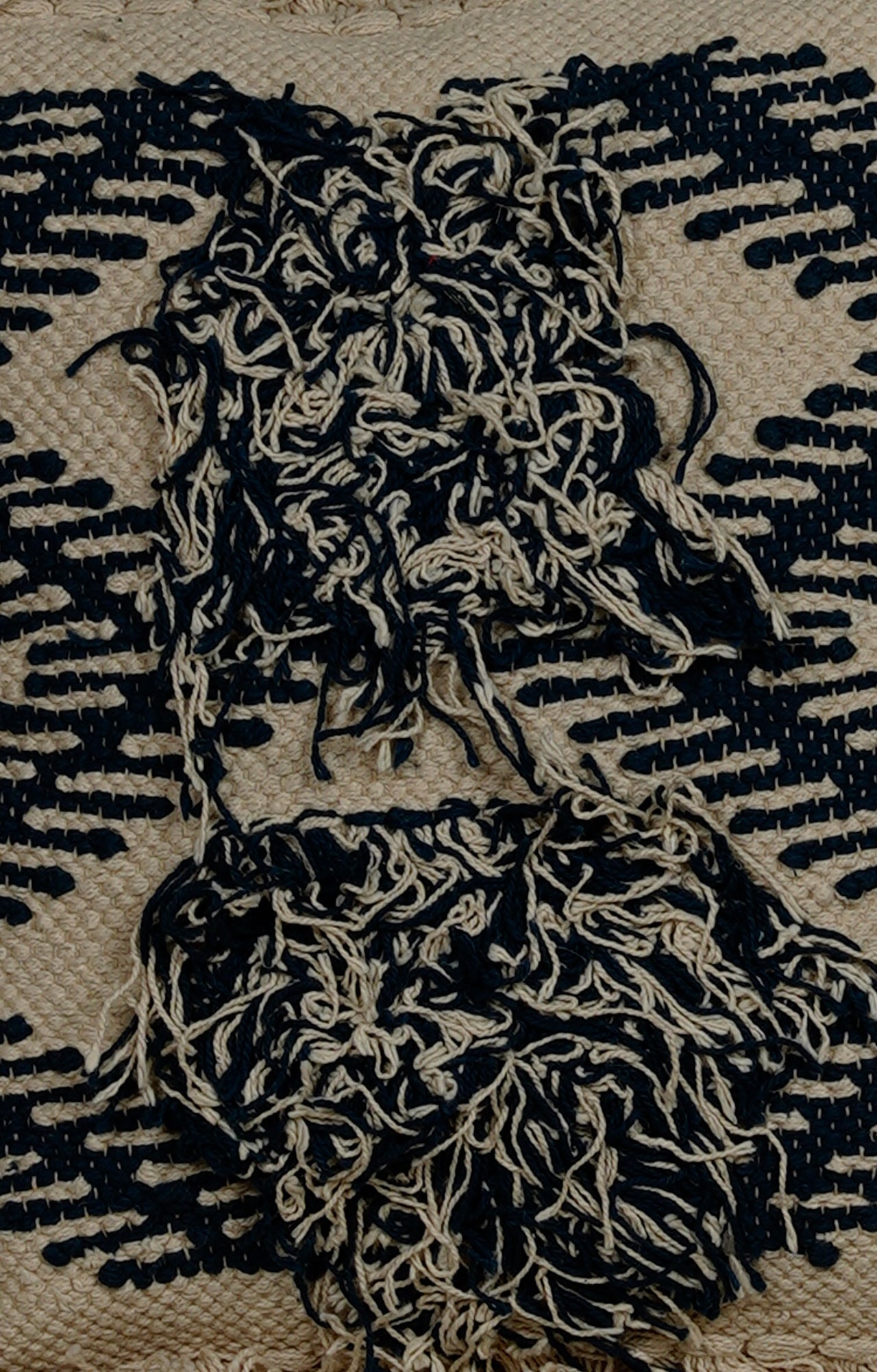 Beige and White Rectangular Cotton Tassel Pillow