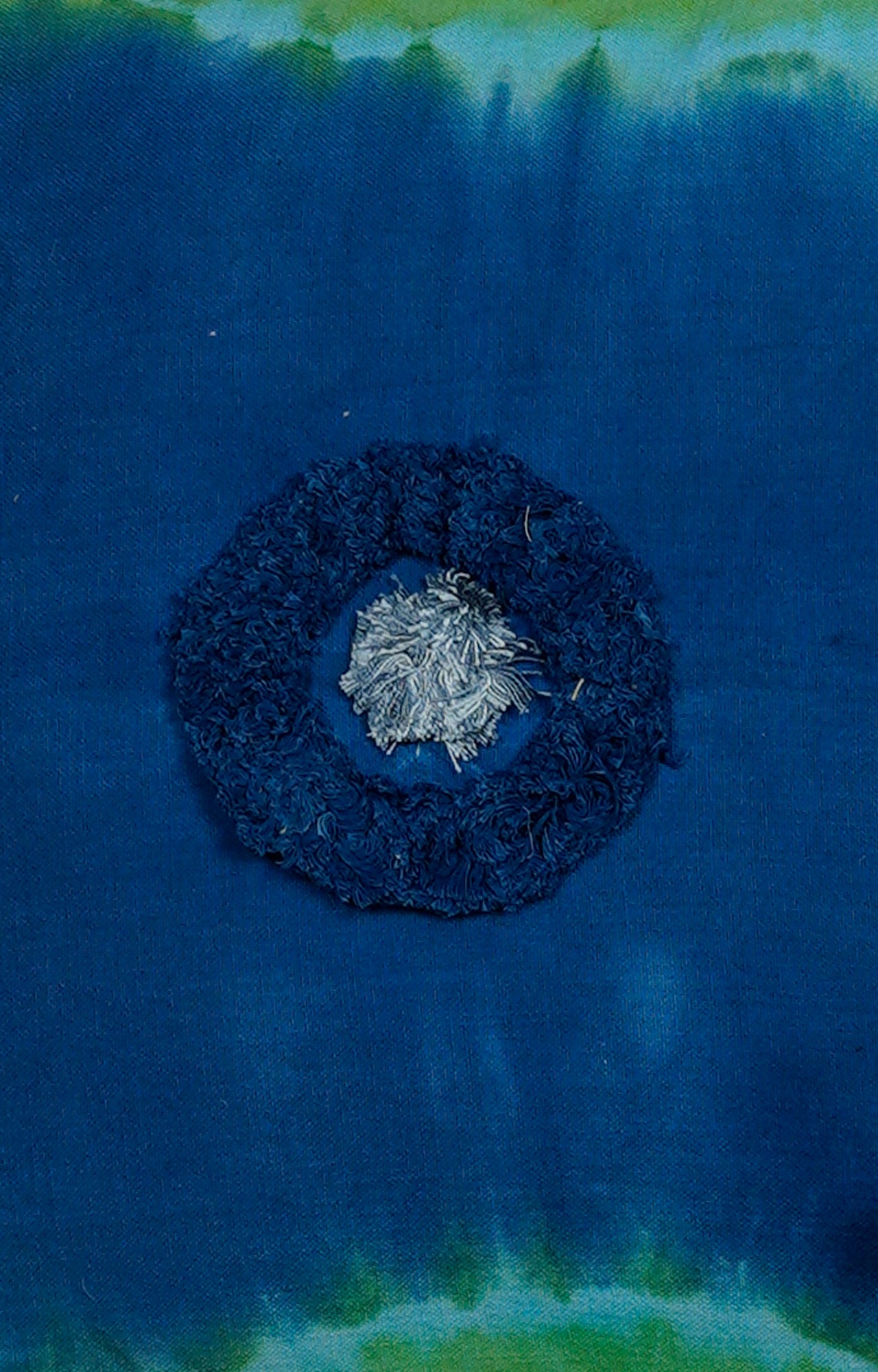 Indigo & Green Tie-Dye Cushion with Pom-Pom Accents