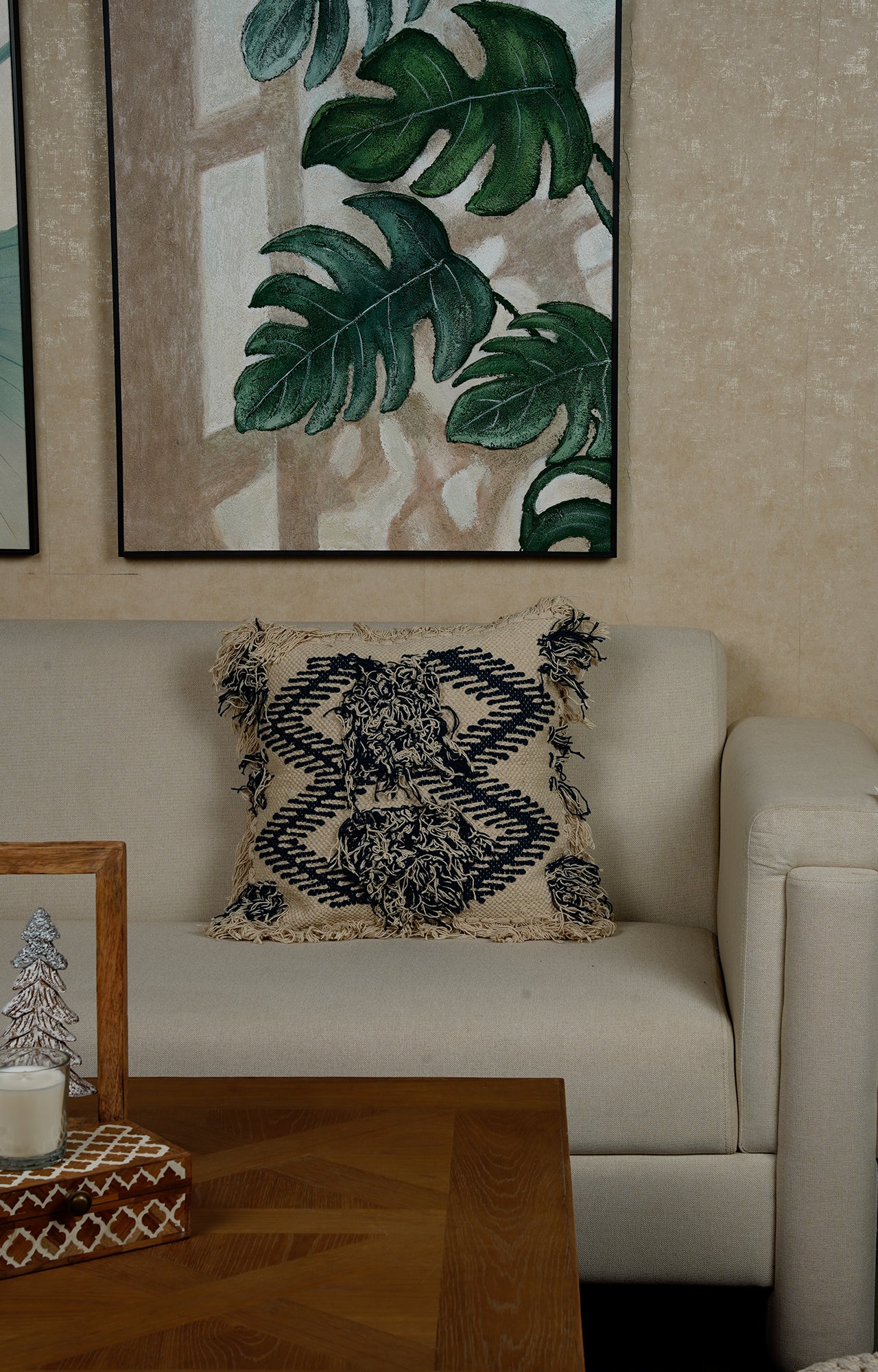 Beige and White Rectangular Cotton Tassel Pillow