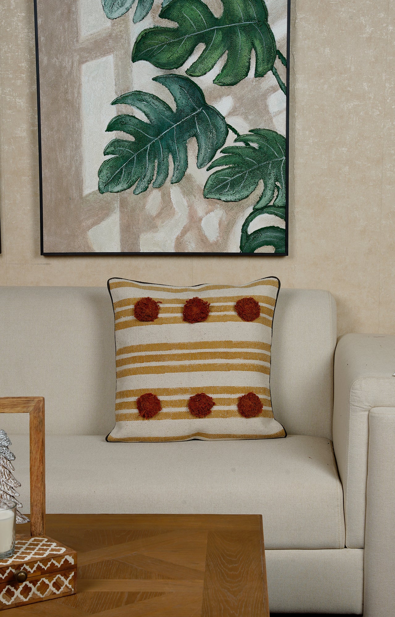 Striped Cushion with Textured Pom-Poms
