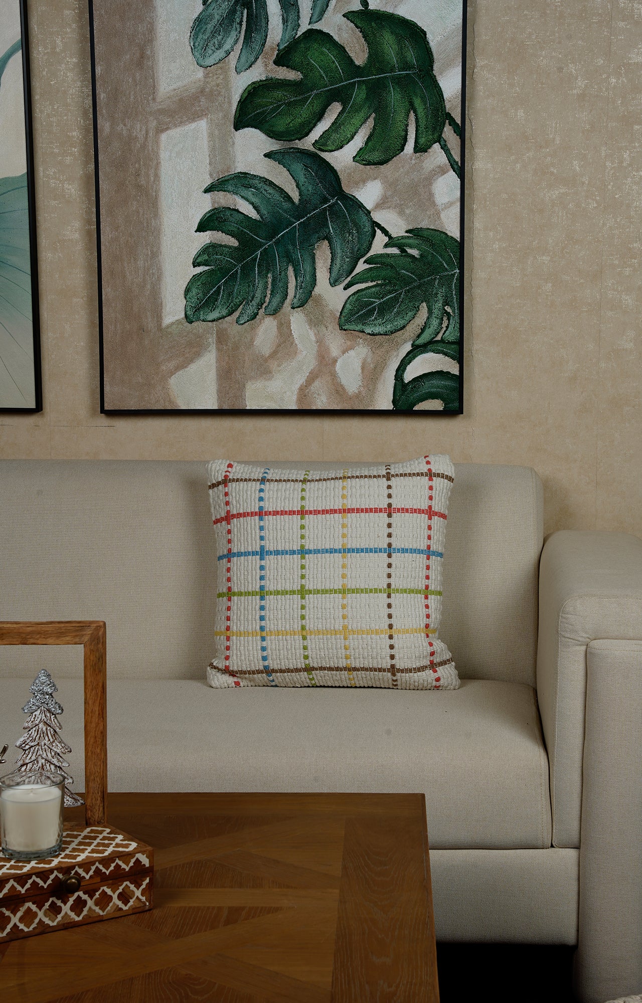 Embroidered Cushion in Colorful Checkered Pattern