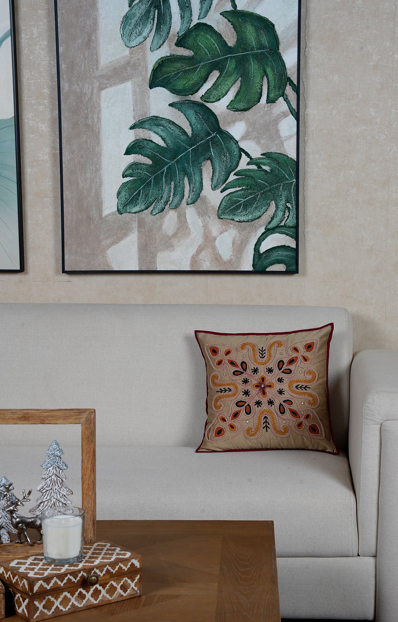 Rustic Floral Embroidered Cushion