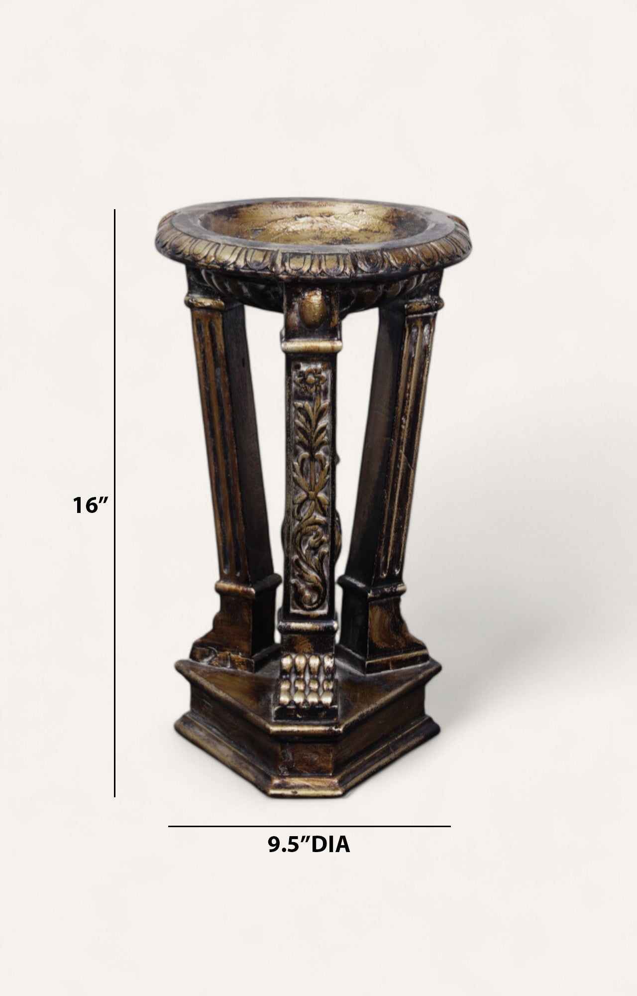 Teak Wood Pedestal Candle Stand in Antique Gold