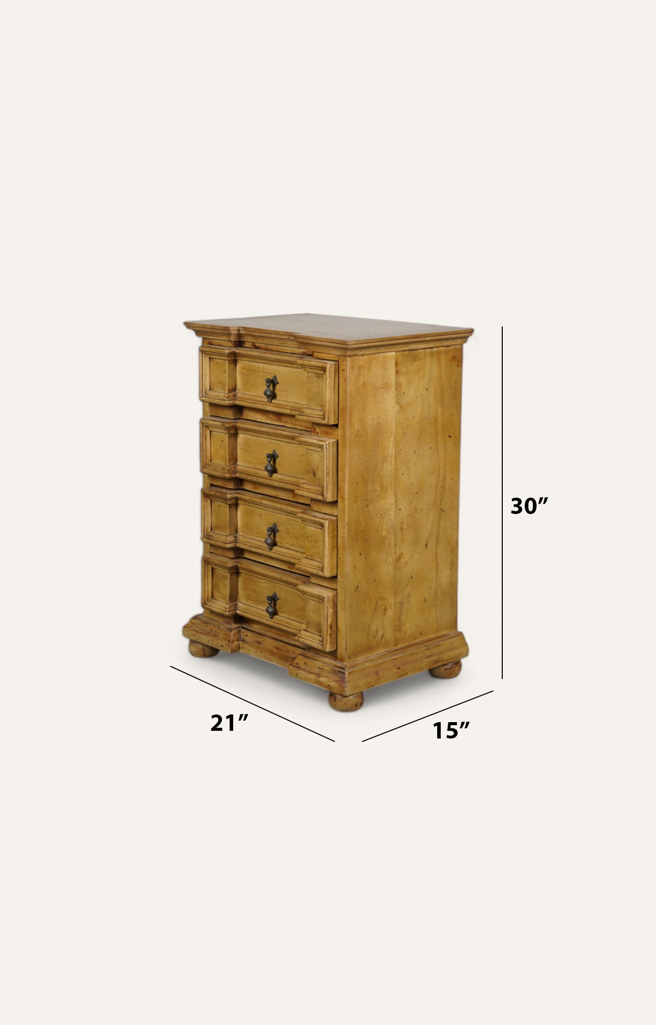 Vasco Vintage Wooden Bedside table with Natural Finish with 4 Drawers