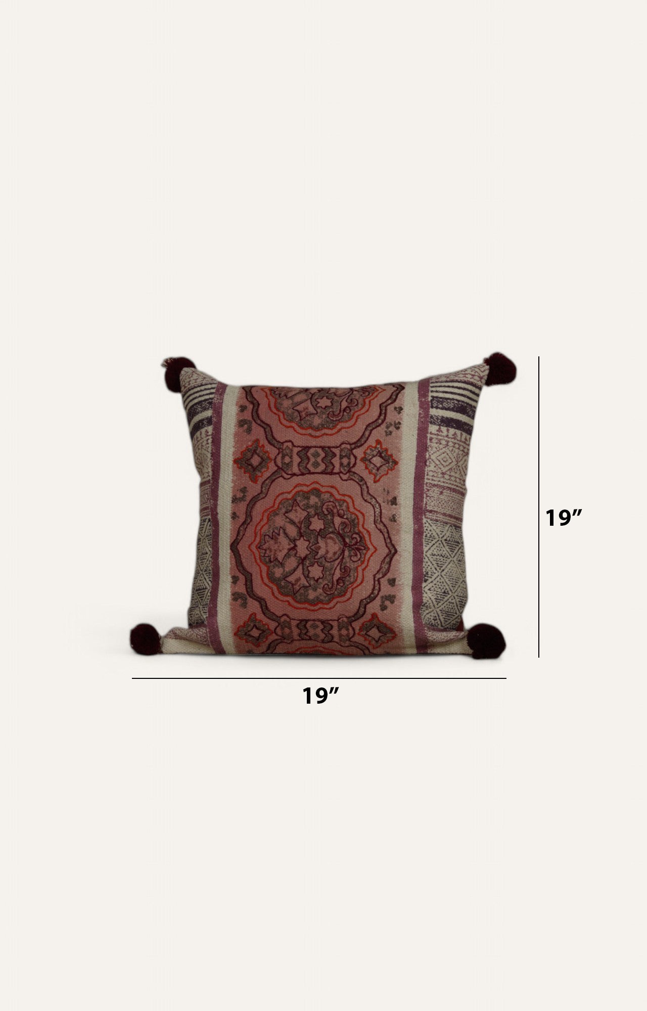 Intricate Patterned Cushion with Pom-Pom Accents