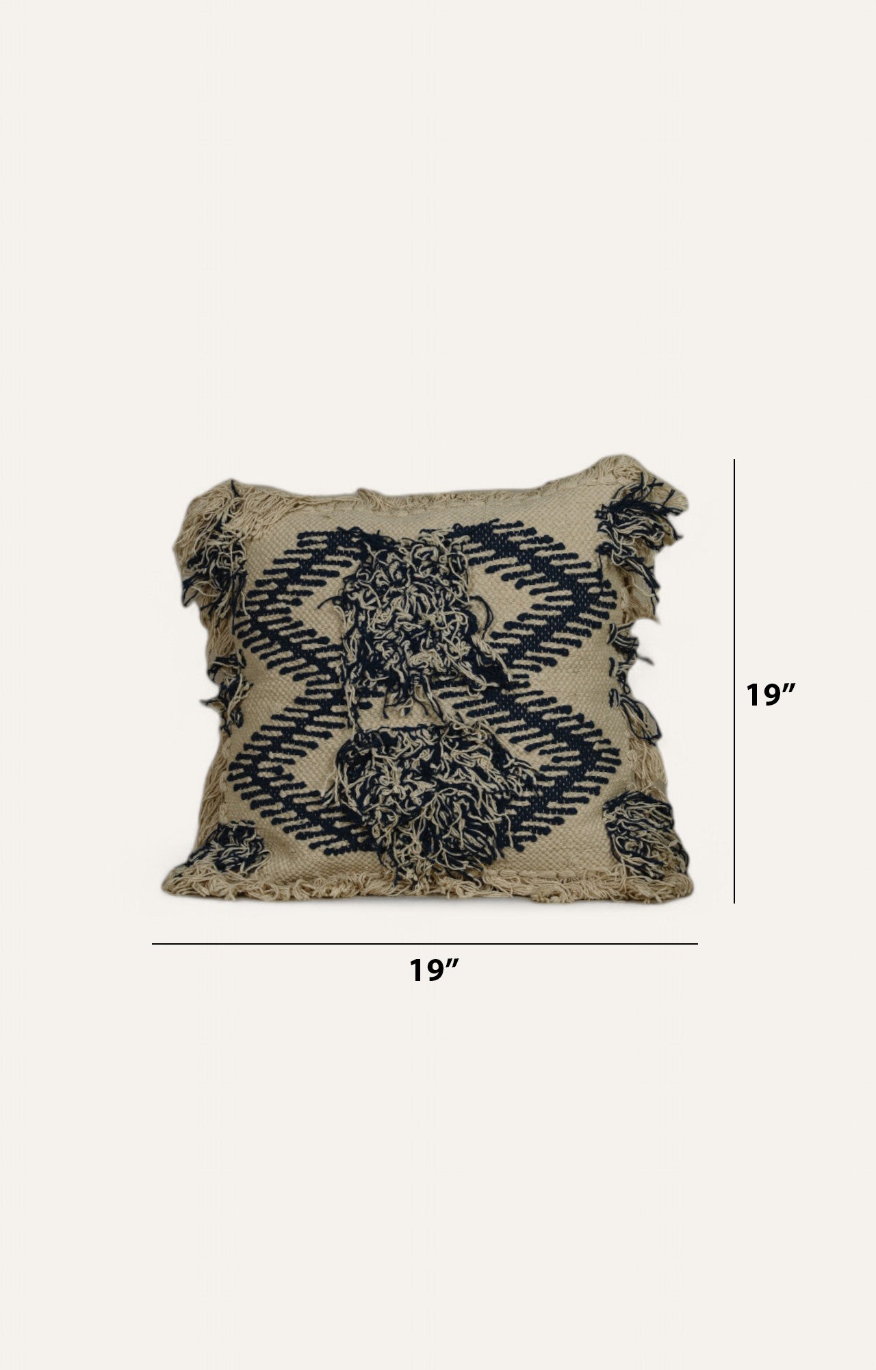 Beige and White Rectangular Cotton Tassel Pillow