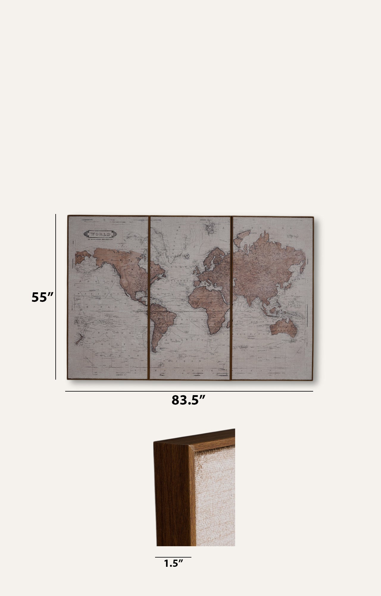 Set of 3 World Maps Textured Prints on Hessian Fabric