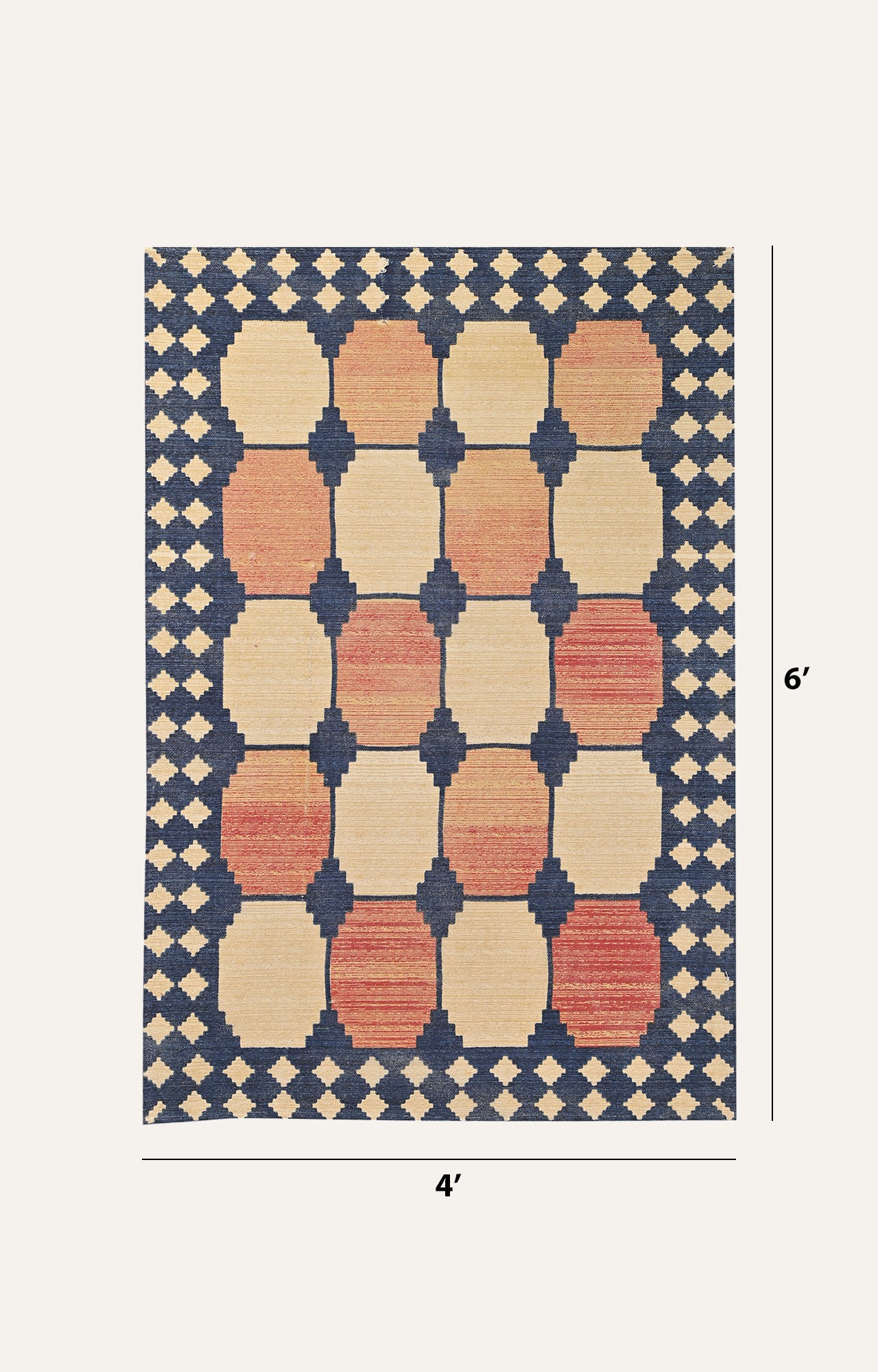 Retro Checkerboard Cotton Rug in Rust & Blue