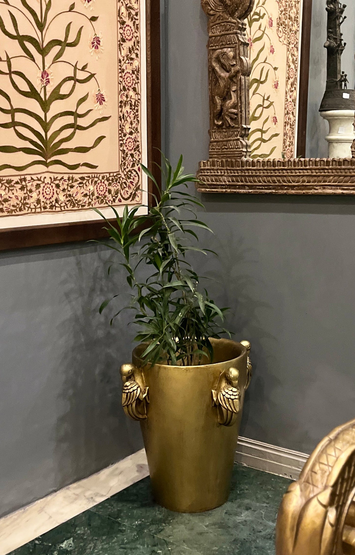Regal Gold Planter with Sculpted Bird Handles