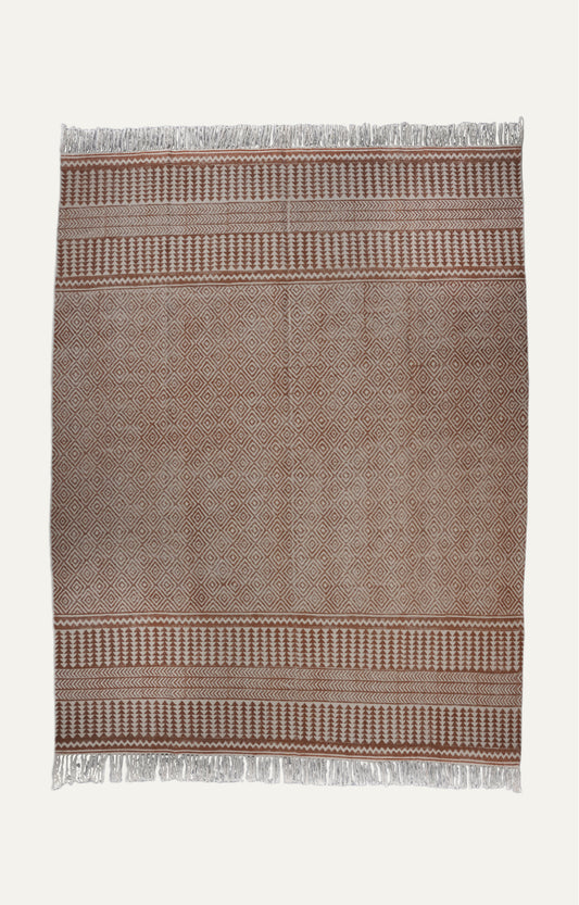 Printed Indian Dhurie with Fringes - Red