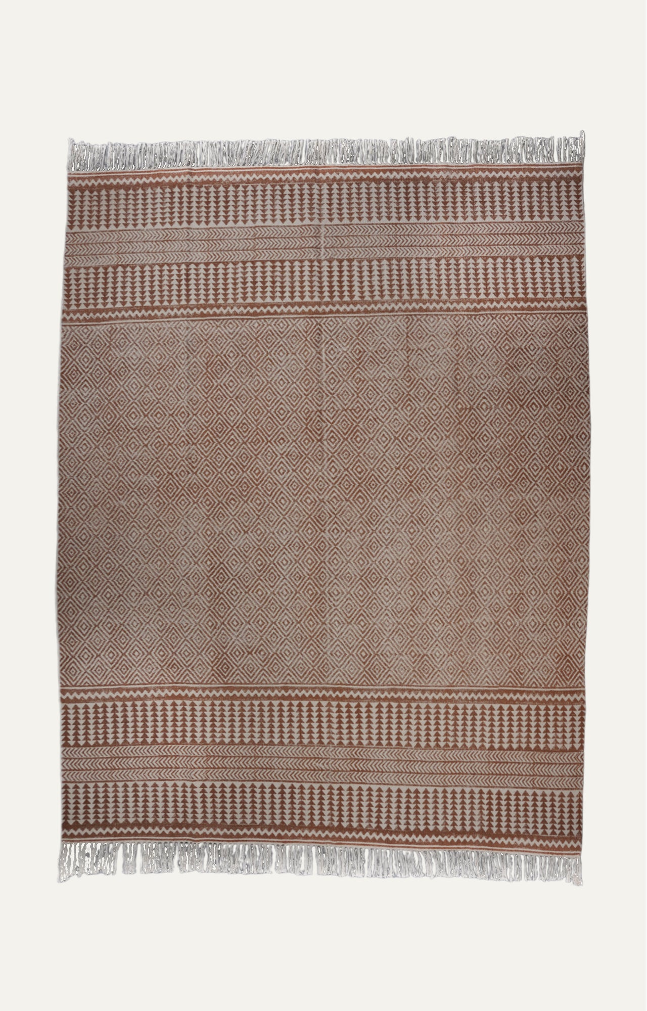 Printed Indian Dhurie with Fringes - Red