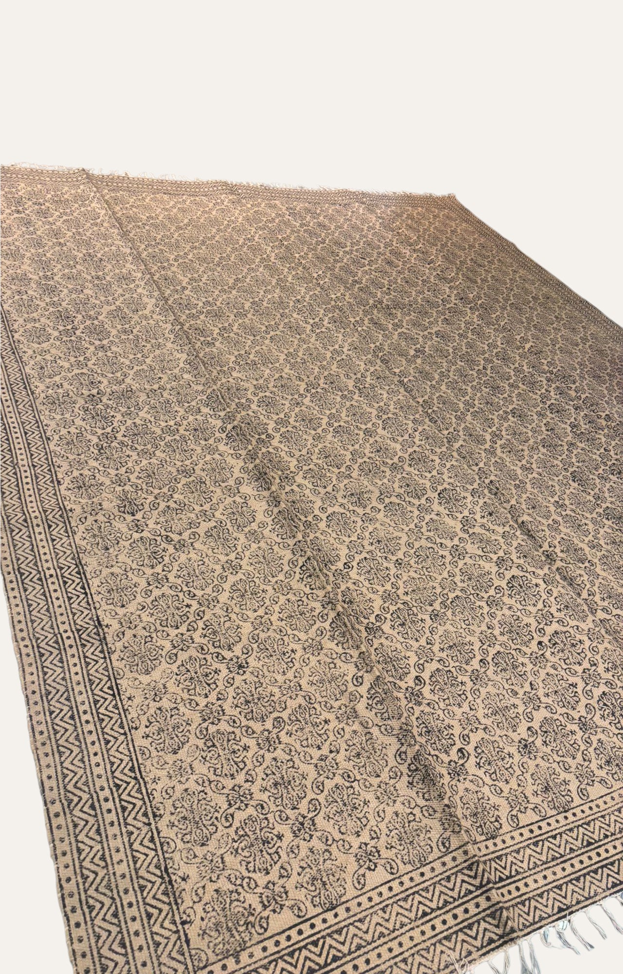 Printed Indian Dhurie with Fringes - Beige