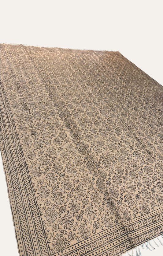 Printed Indian Dhurie with Fringes - Beige