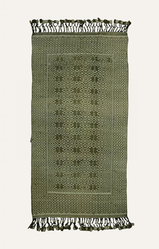 Green Chevron Handwoven Cotton Rug with Tassels