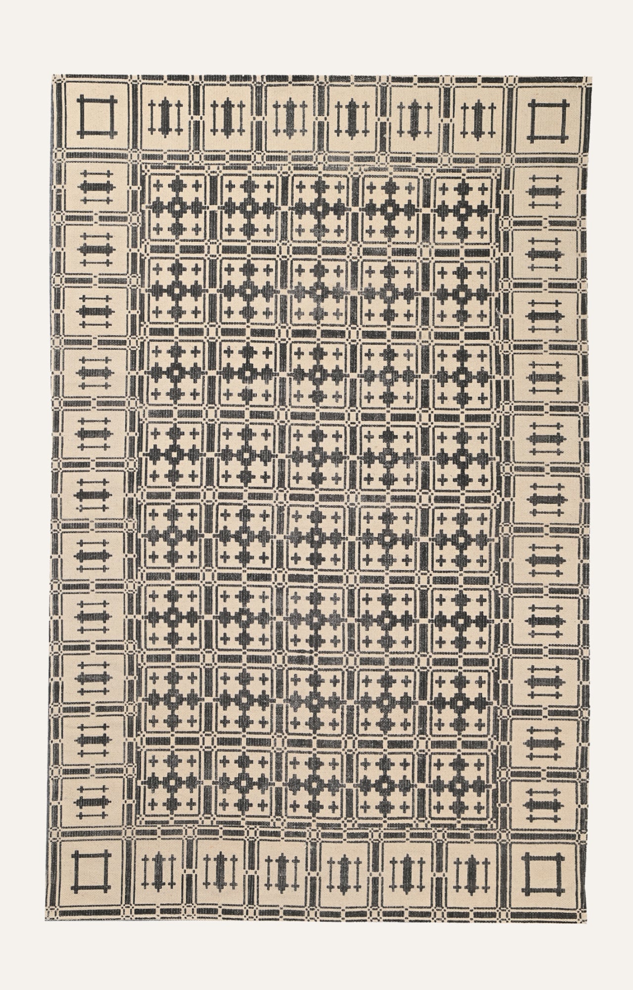 Ivory Grid Cotton Rug with Noir Motifs