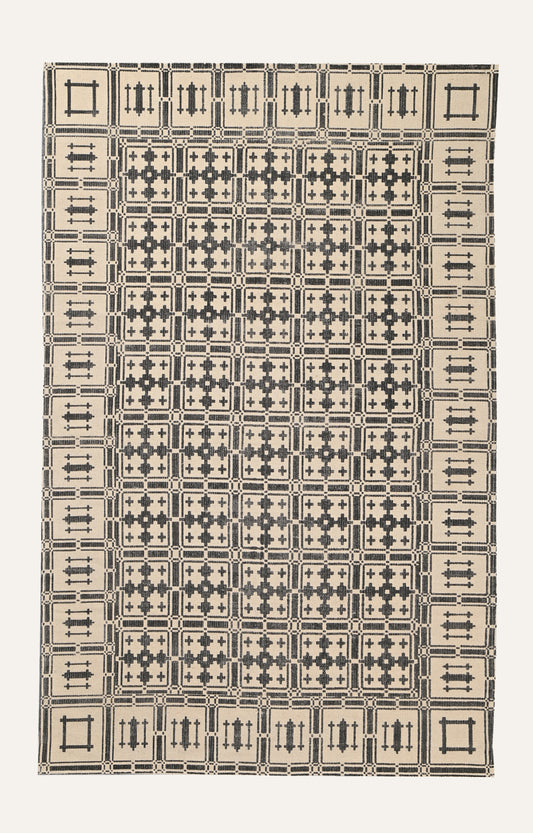 Ivory Grid Cotton Rug with Noir Motifs